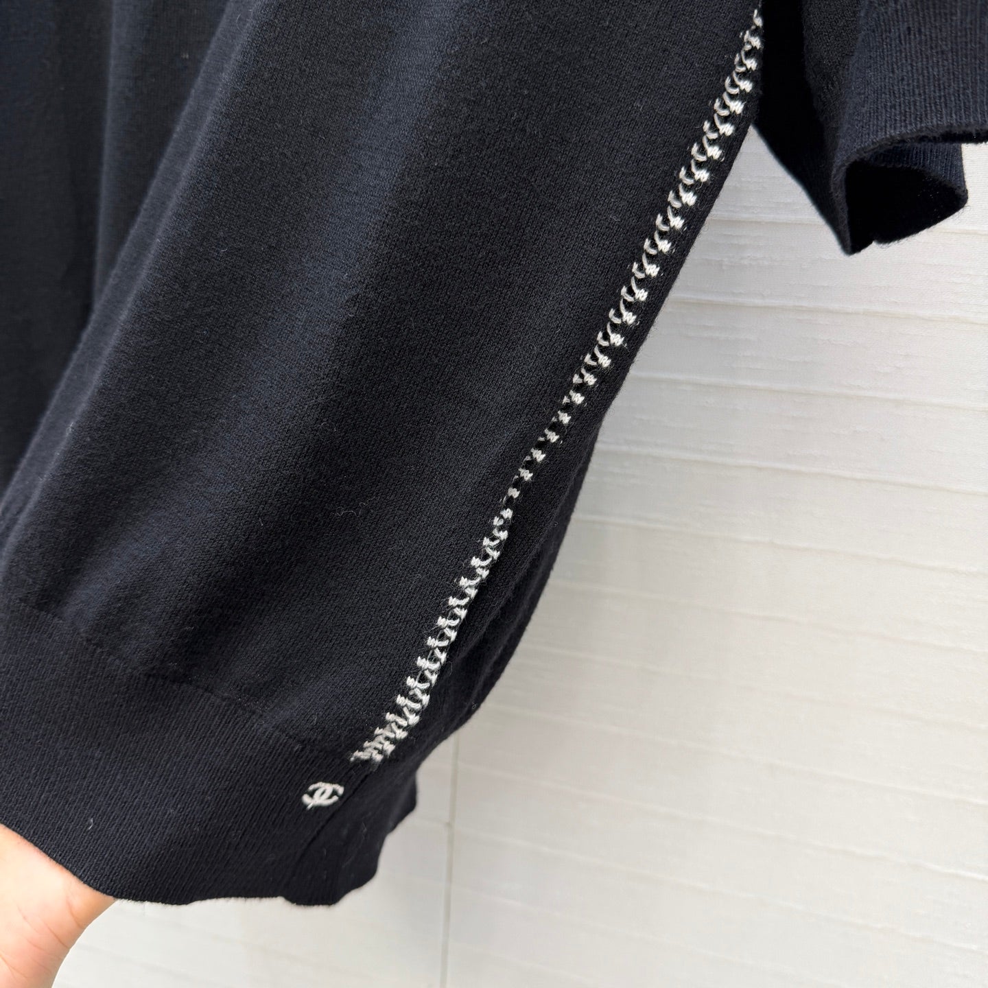 CC 26s Cross-Stitch Knit Short-Sleeved Top Black Cashmere 409391