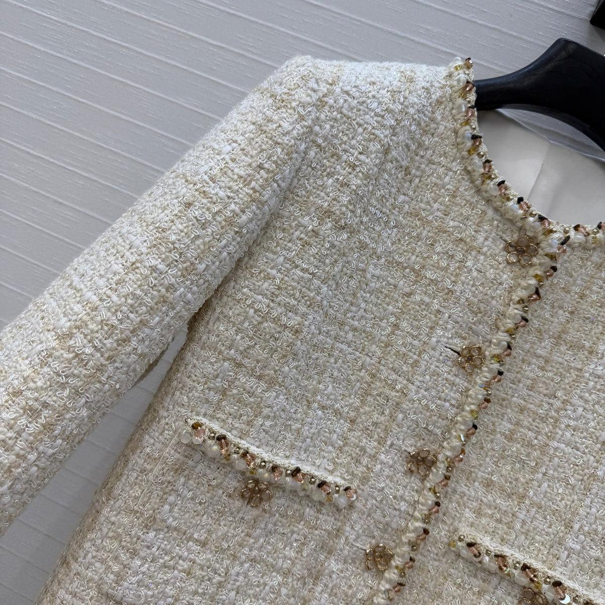 CC 26S White Gold Tweed Camellia Button Jacket 425949