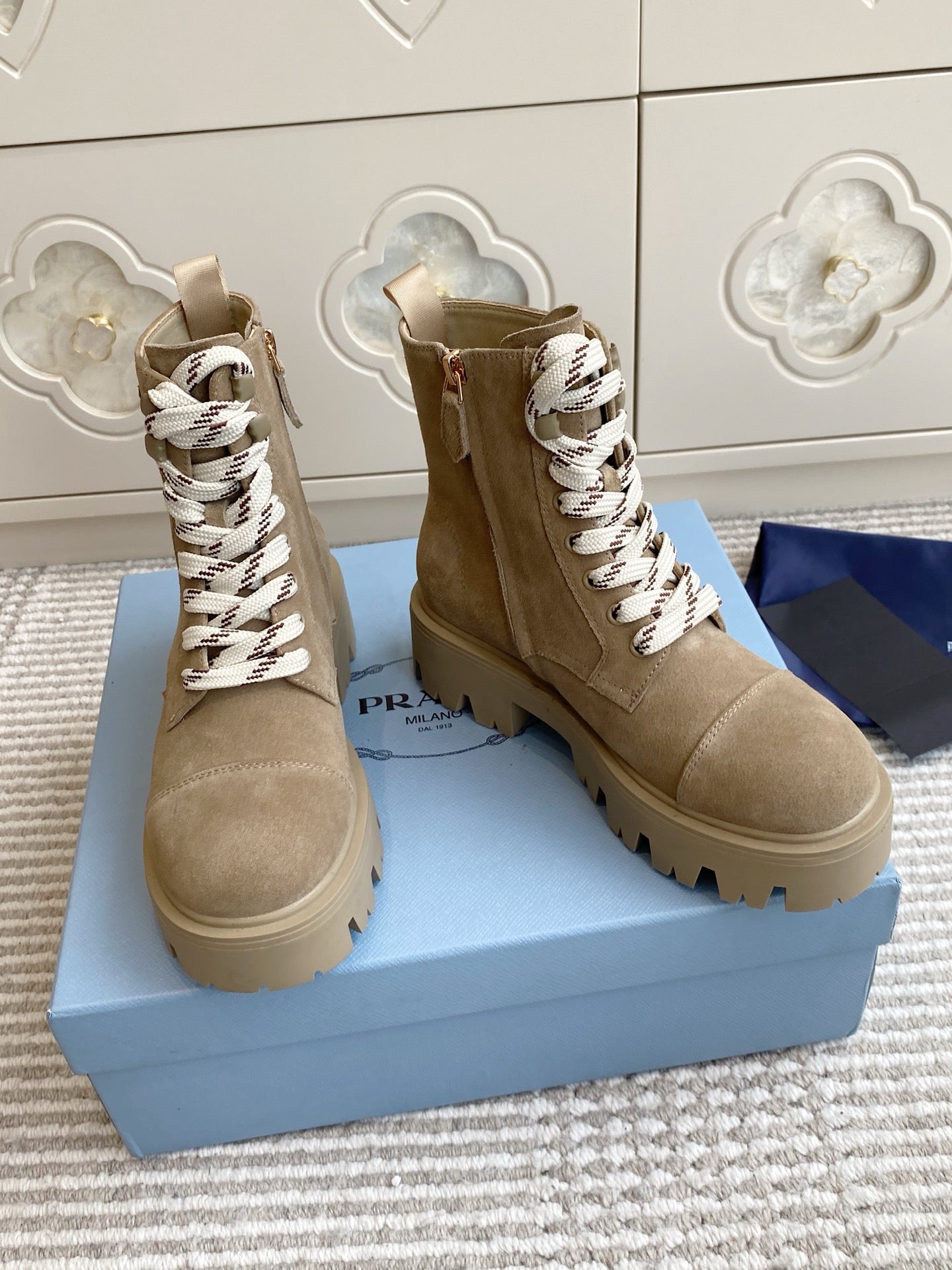Prada 26s Combat Boots Full Khaki Suede 957393