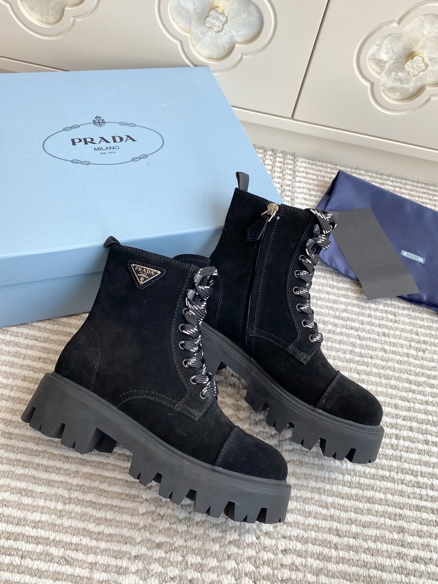 Prada 26s Combat Boots Full Black 957394