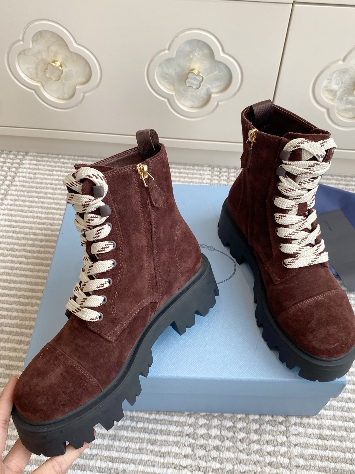 Prada 26s Combat Boots Full Chocolate Suede 957395