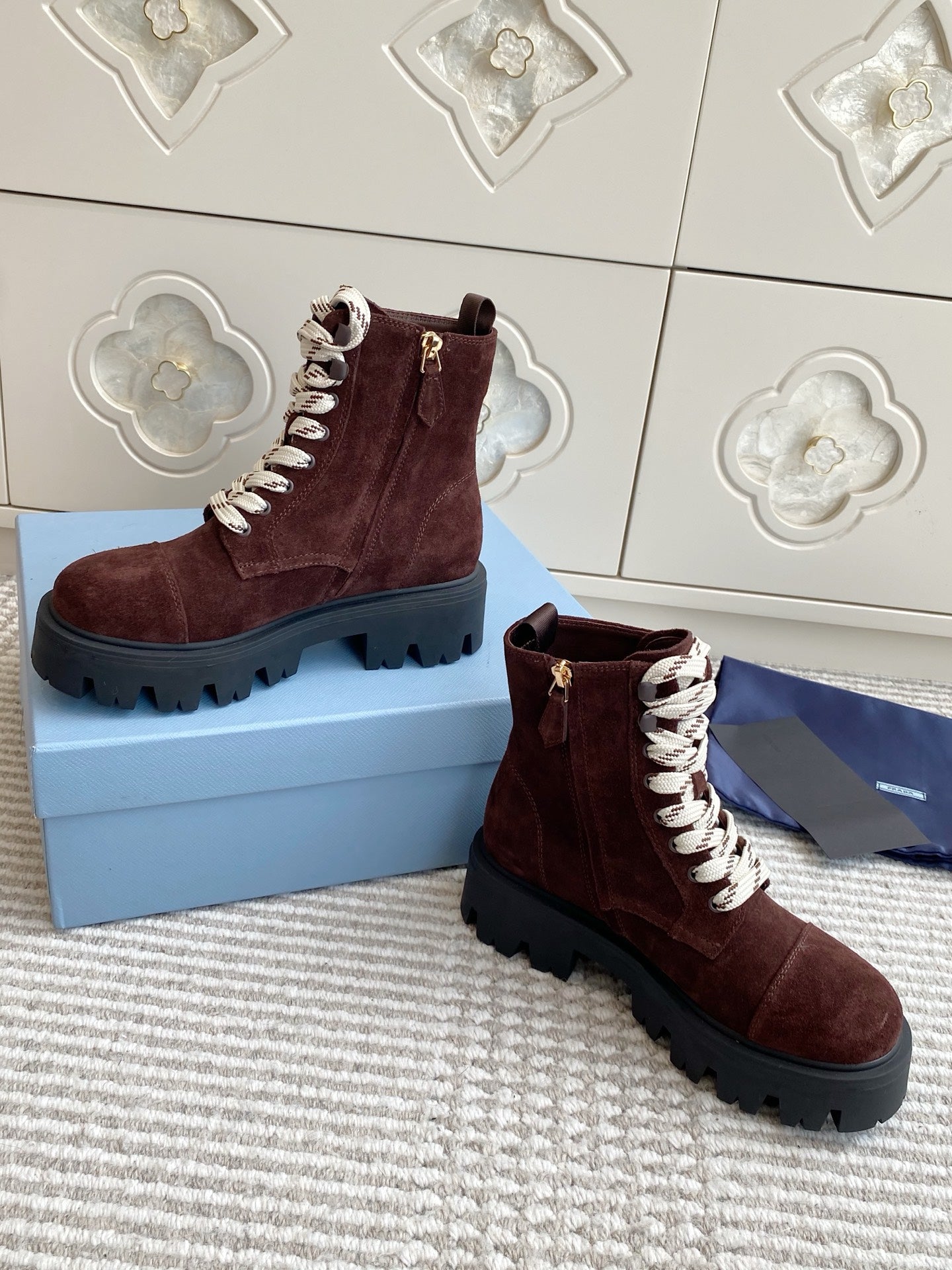Prada 26s Combat Boots Full Chocolate Suede 957395