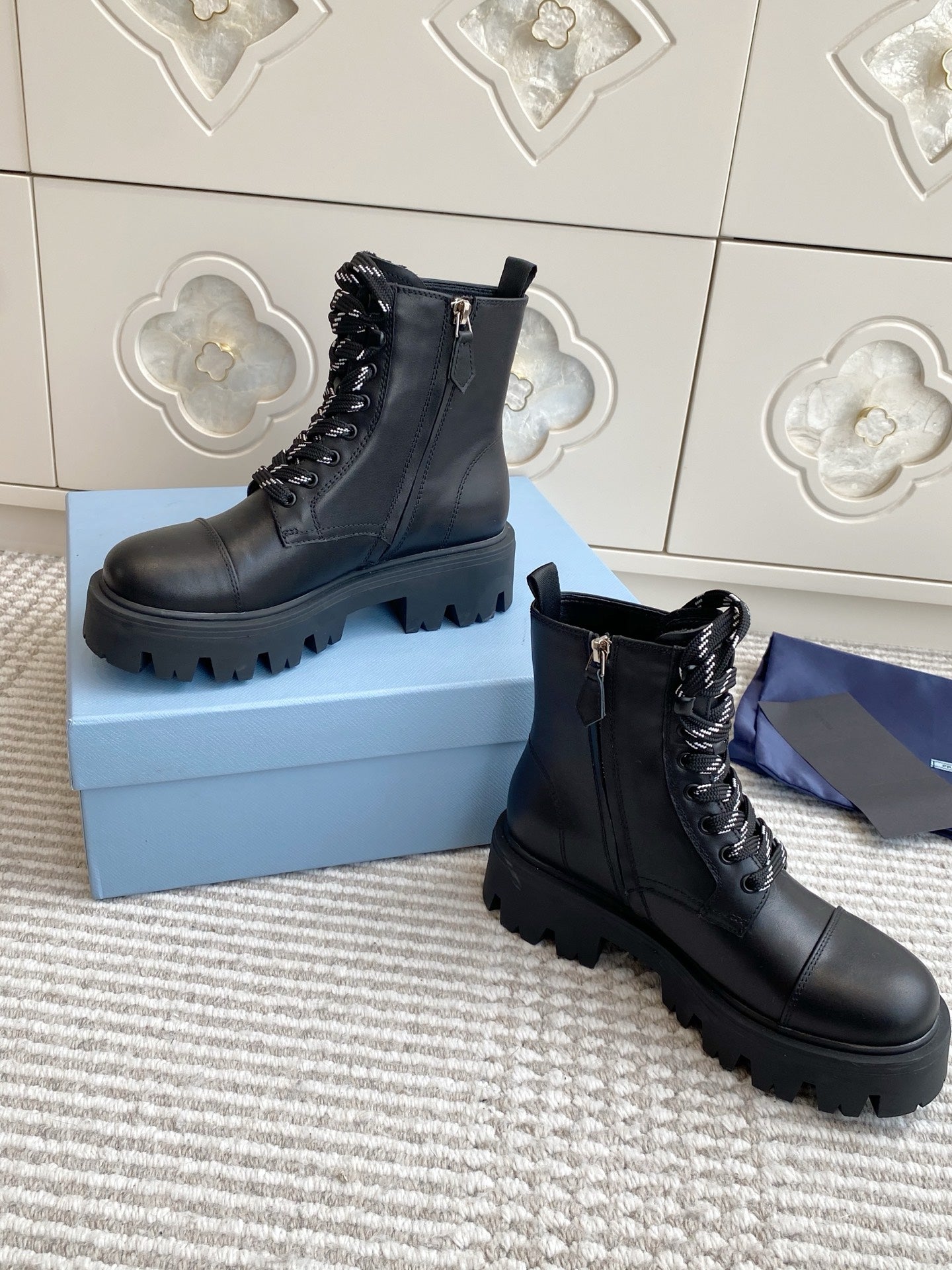 Prada 26s Combat Boots Coffee Leather 957397