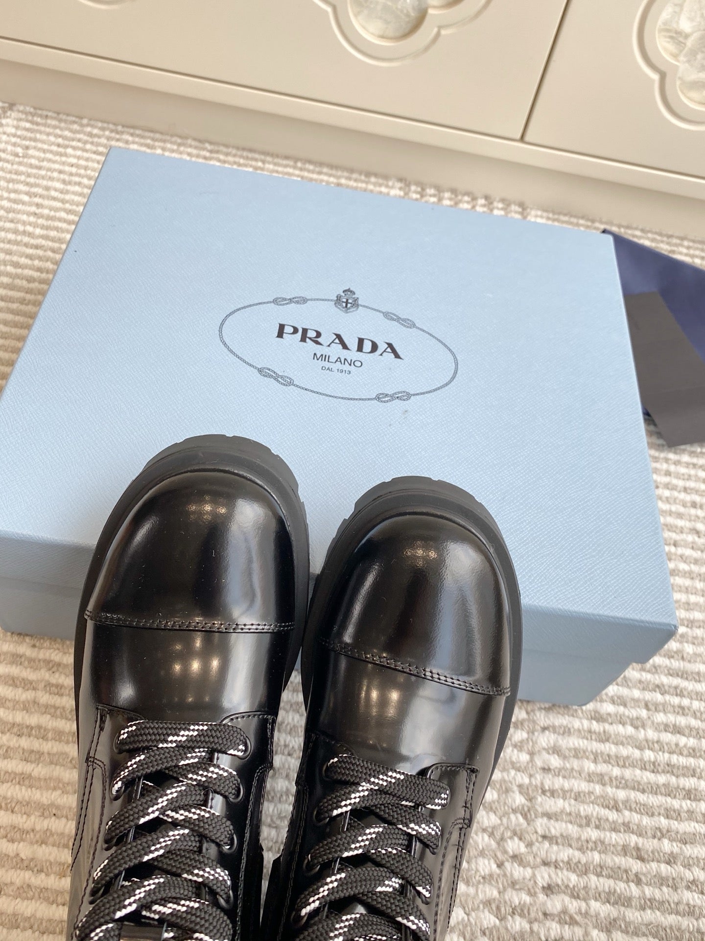 Prada 26s Combat Boots Black Plaque Leather 957398