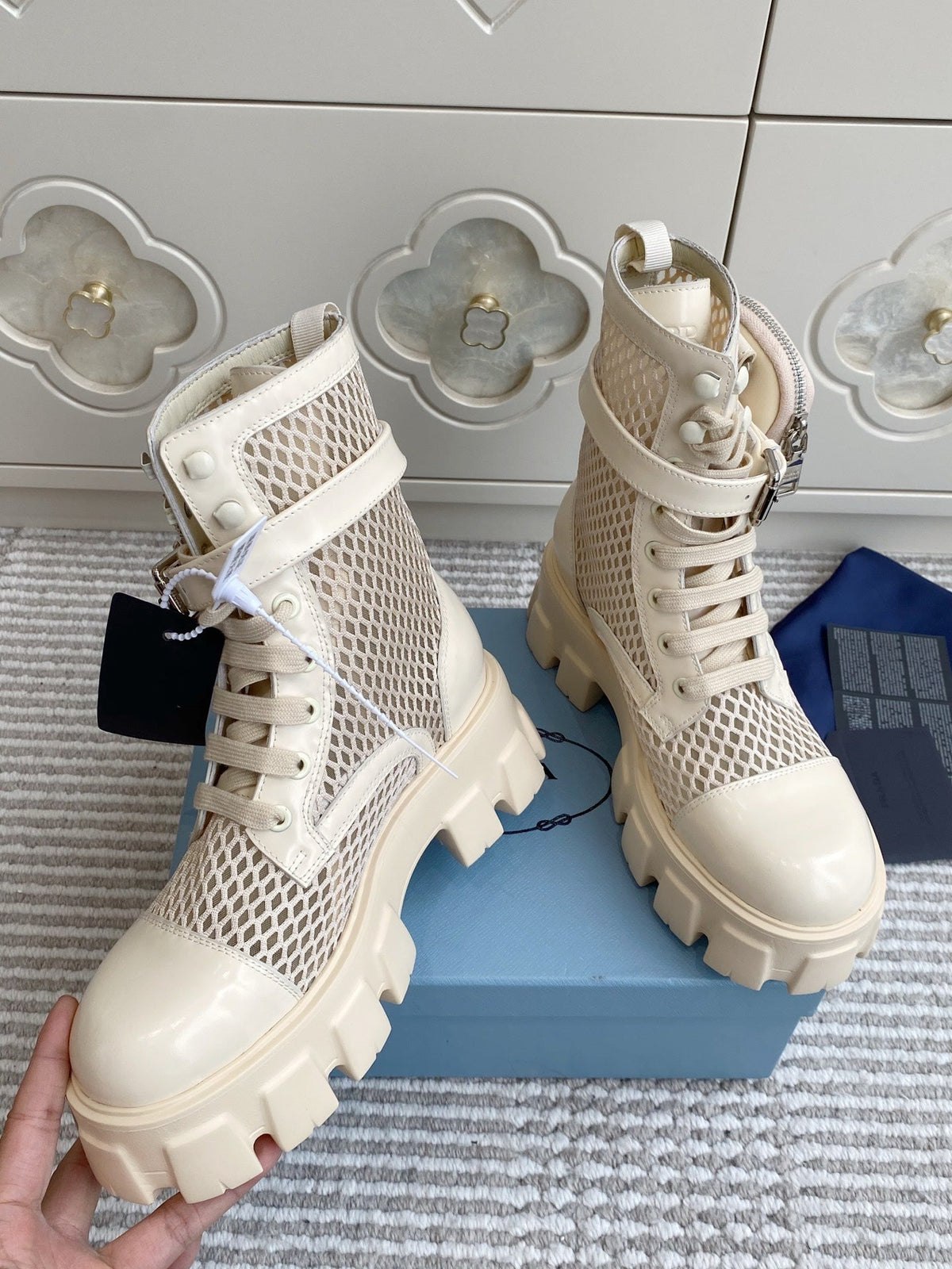 Prada 26s Combat Boots Beige Mesh Leather 140365