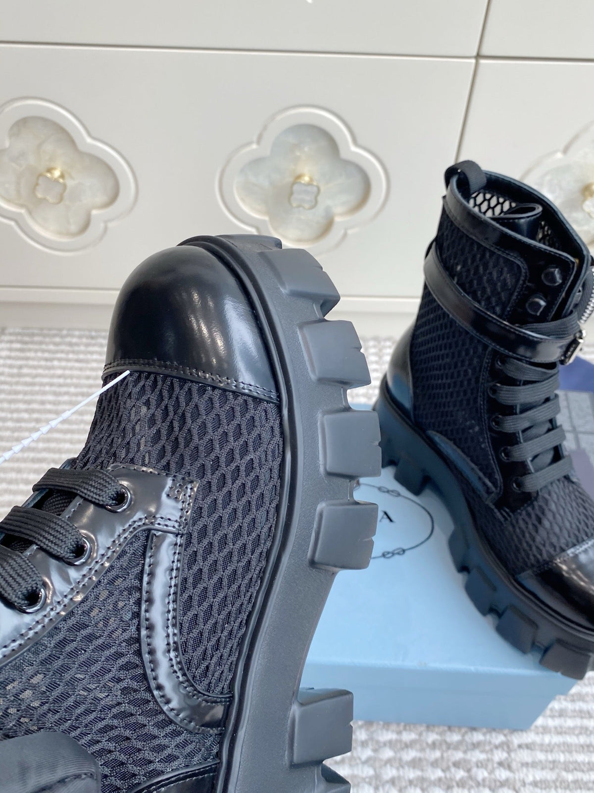 Prada 26s Combat Boots Black Mesh Leather 140366