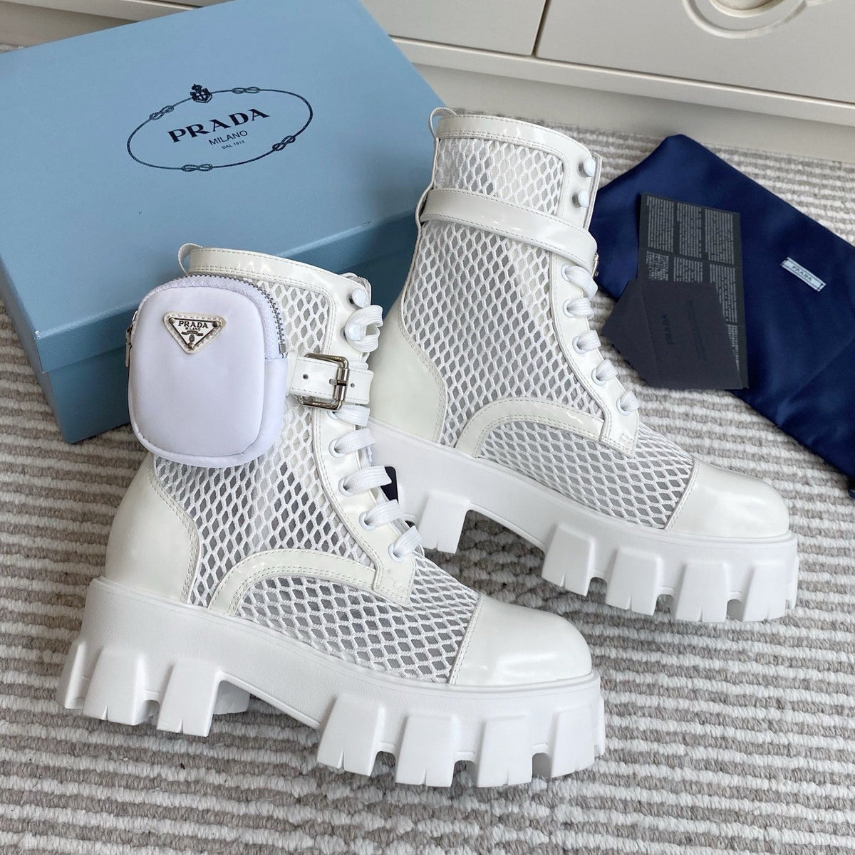 Prada 26s Combat Boots White Mesh Leather 140367