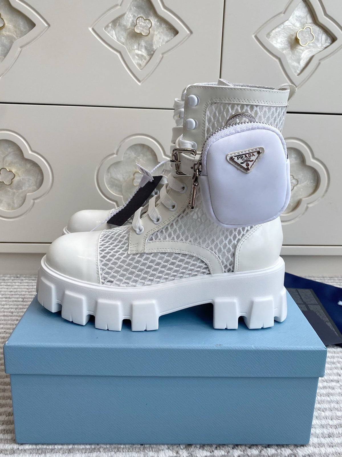 Prada 26s Combat Boots White Mesh Leather 140367