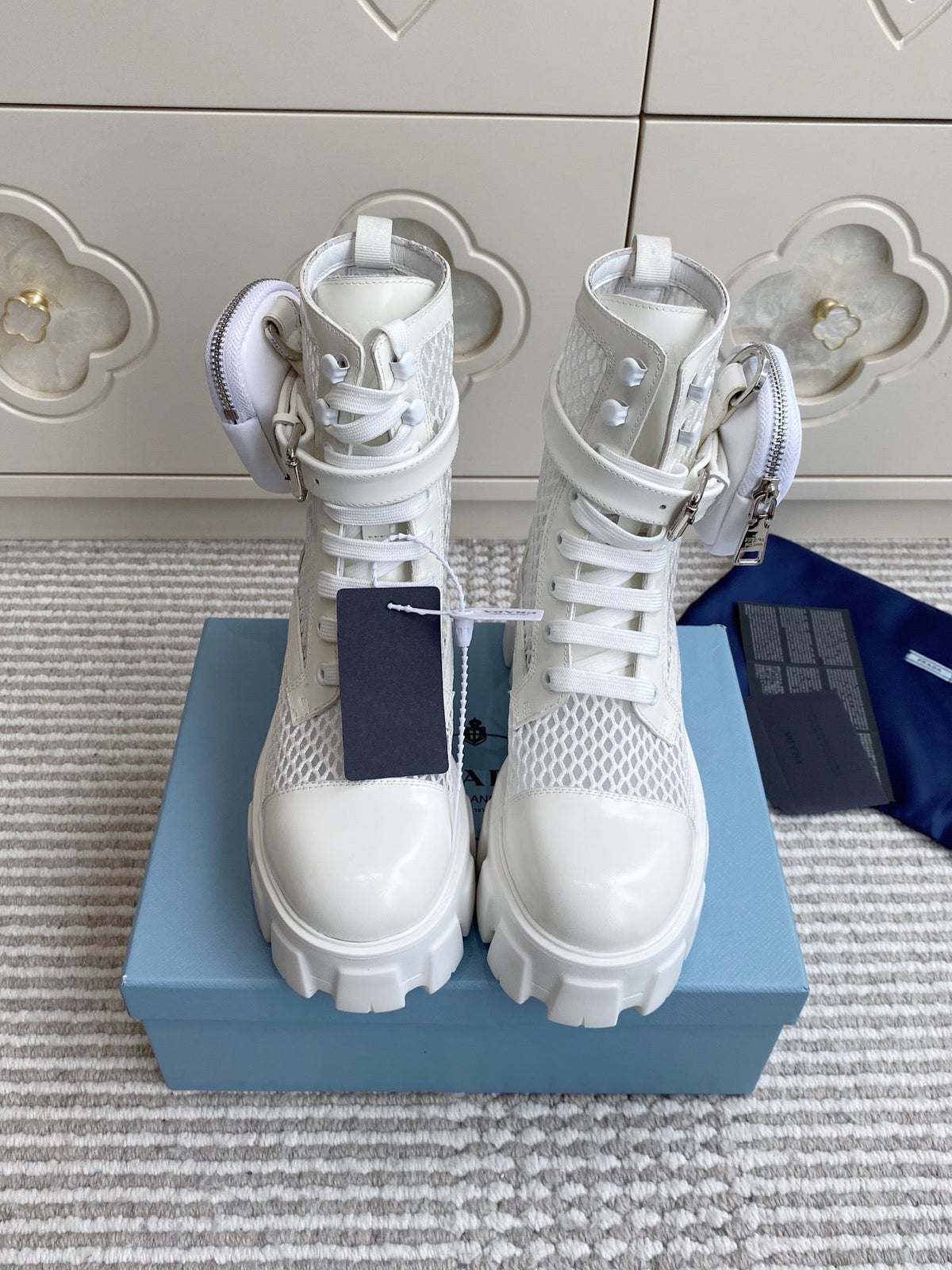 Prada 26s Combat Boots White Mesh Leather 140367
