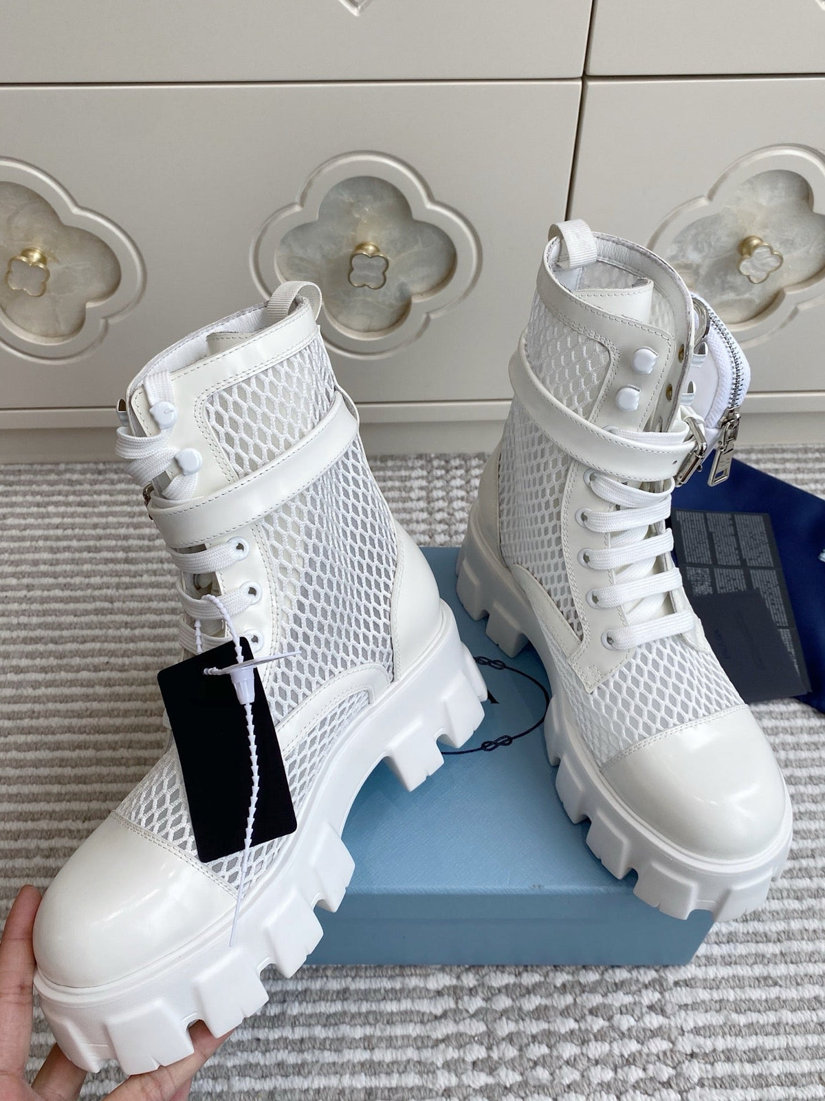 Prada 26s Combat Boots White Mesh Leather 140367