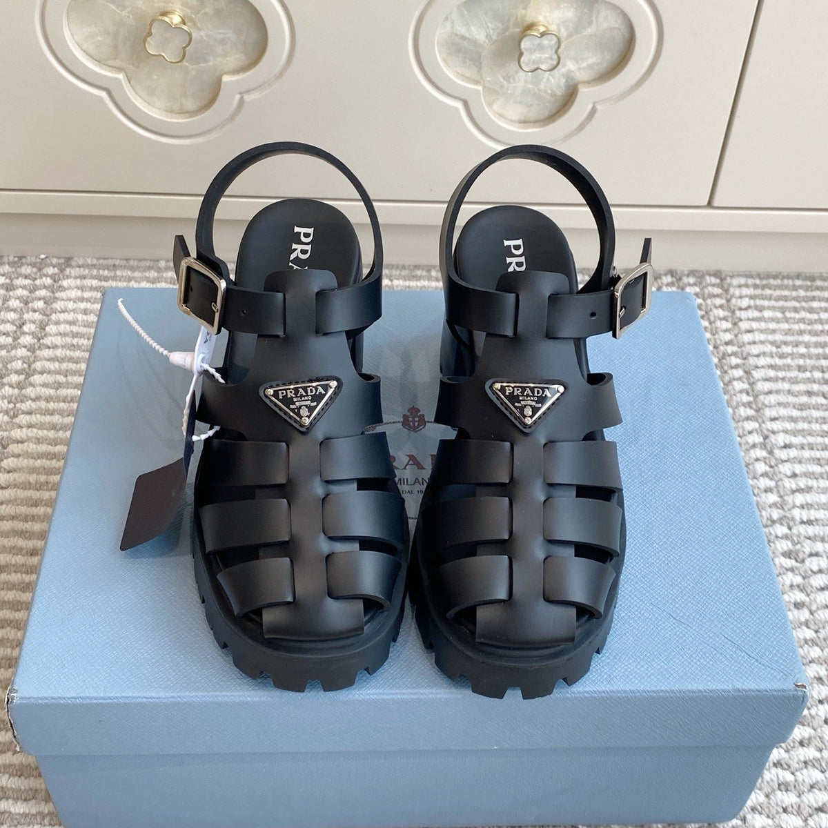 Prada 26s Fisherman Platform Sandals 8.5cm Black Leather 122234