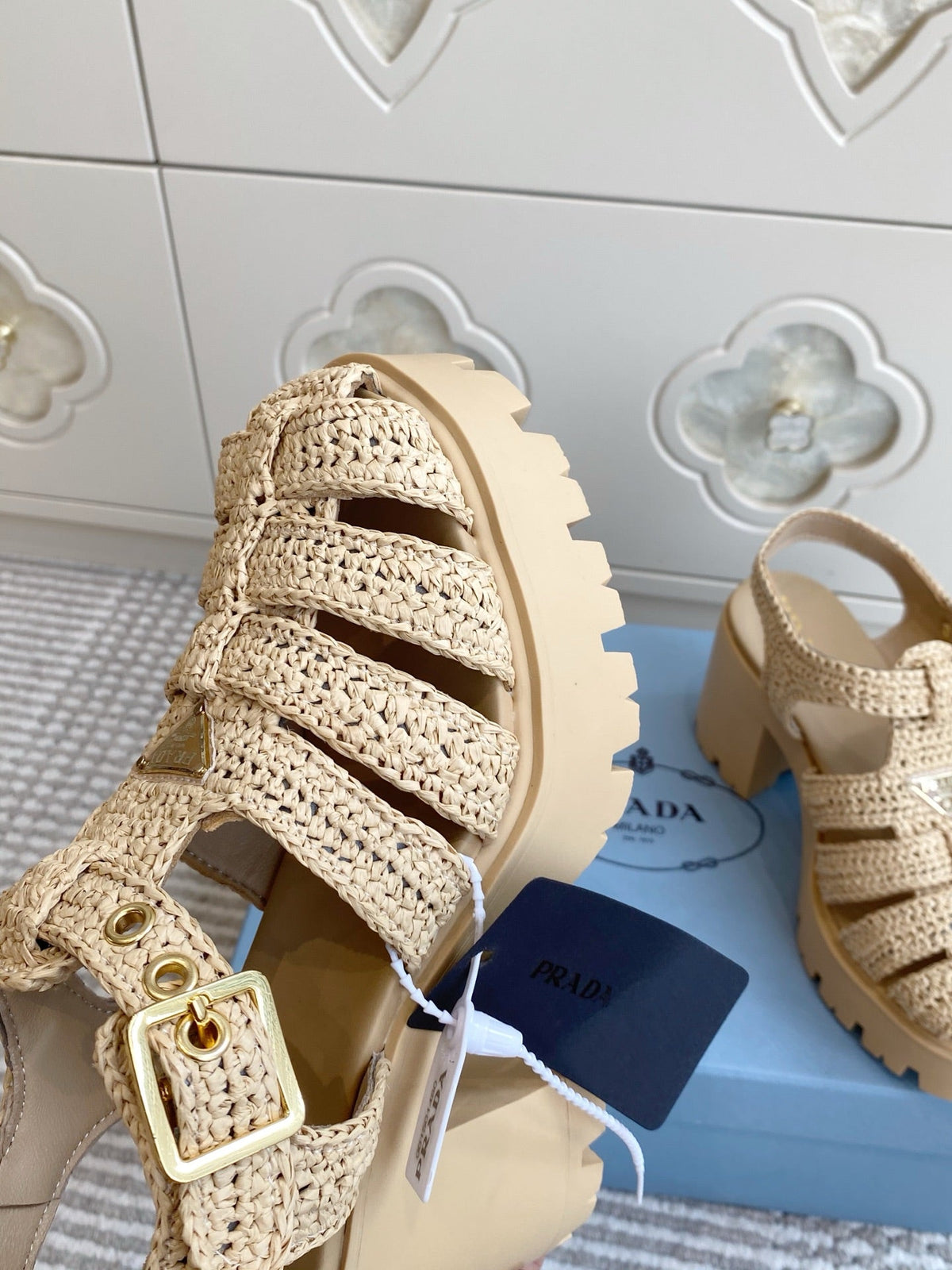 Prada 26s Fisherman Platform Sandals 8.5cm Beige Raffia 122240