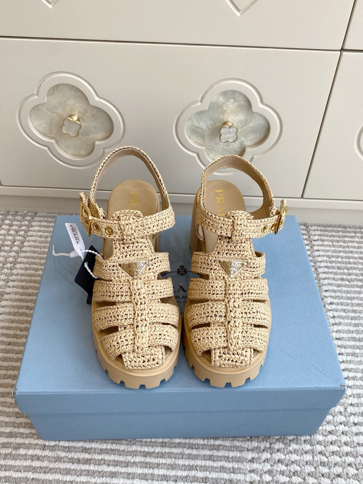 Prada 26s Fisherman Platform Sandals 8.5cm Beige Raffia 122240