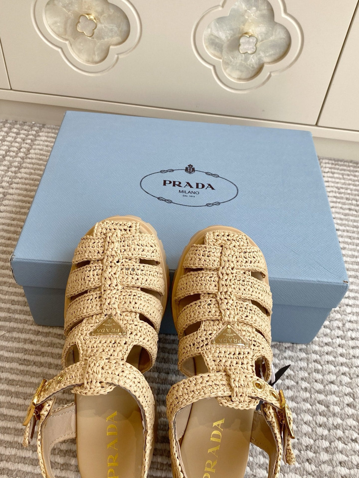Prada 26s Fisherman Platform Sandals 8.5cm Beige Raffia 122240