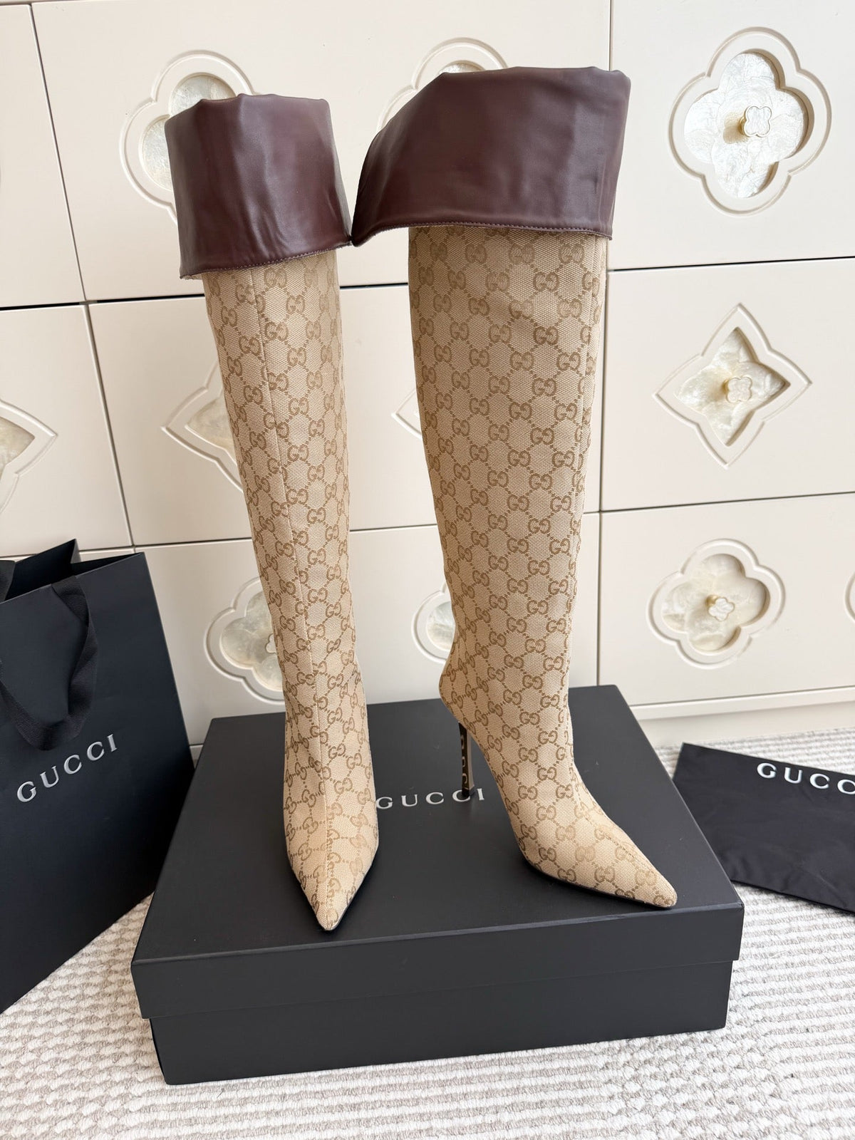 GG 26s Over The Knee Boots 8.5cm Beige Brown GG Canvas Leather 122058