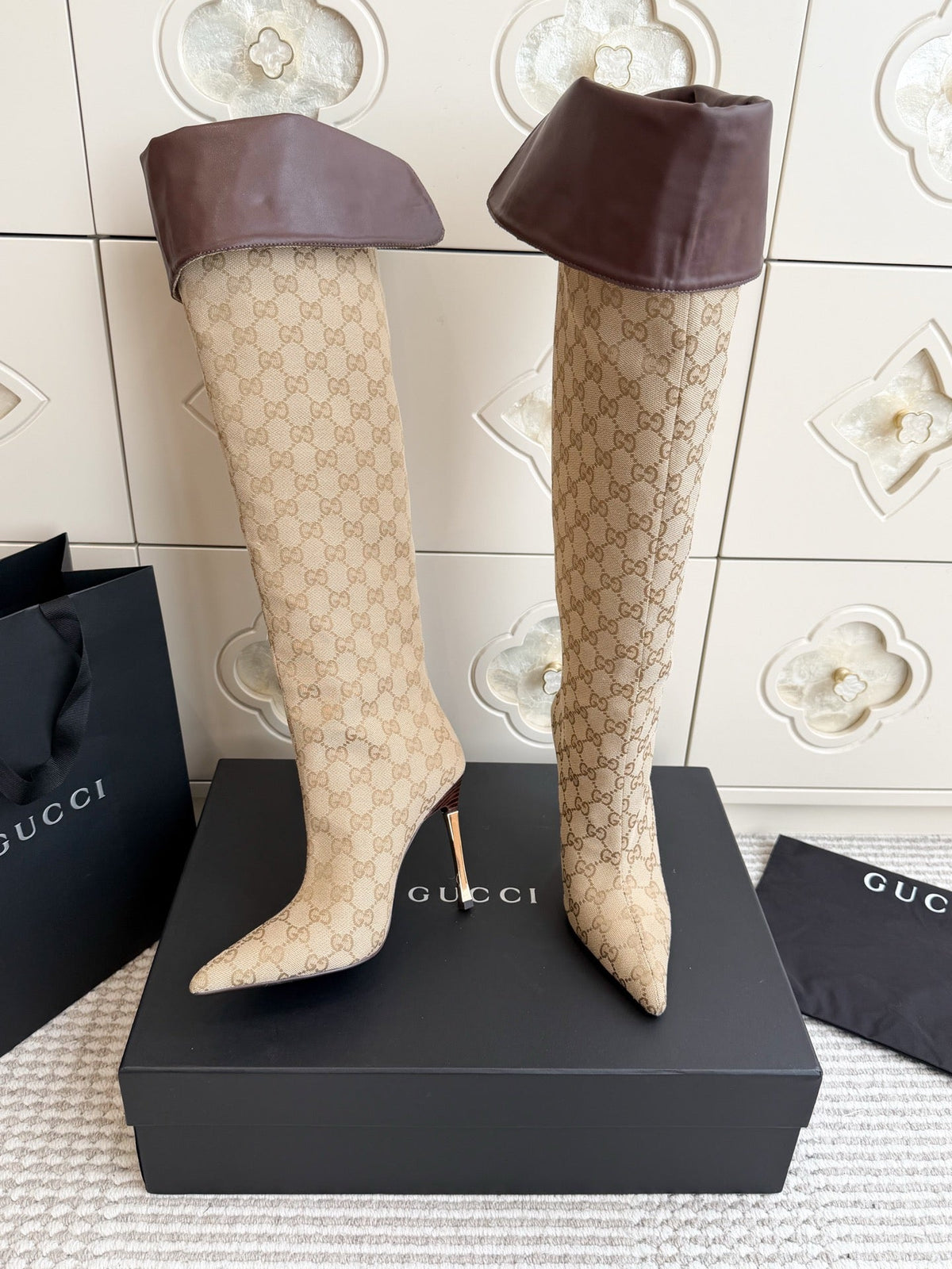 GG 26s Over The Knee Boots 8.5cm Beige Brown GG Canvas Leather 122058