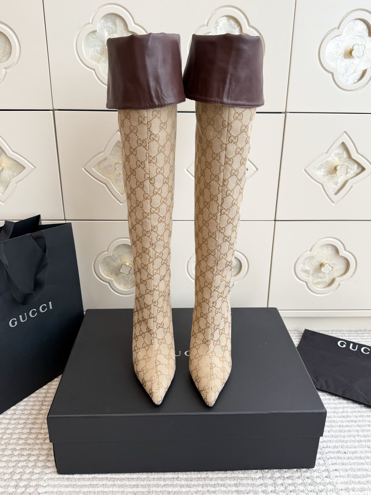 GG 26s Over The Knee Boots 8.5cm Beige Brown GG Canvas Leather 122058