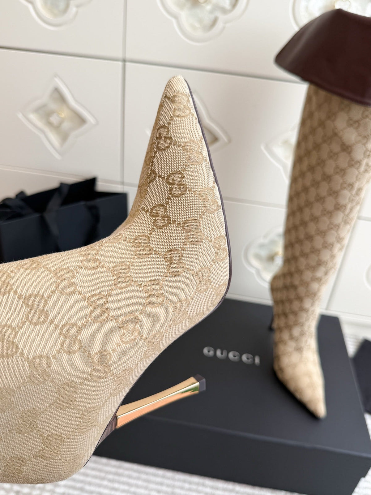 GG 26s Over The Knee Boots 8.5cm Beige Brown GG Canvas Leather 122058