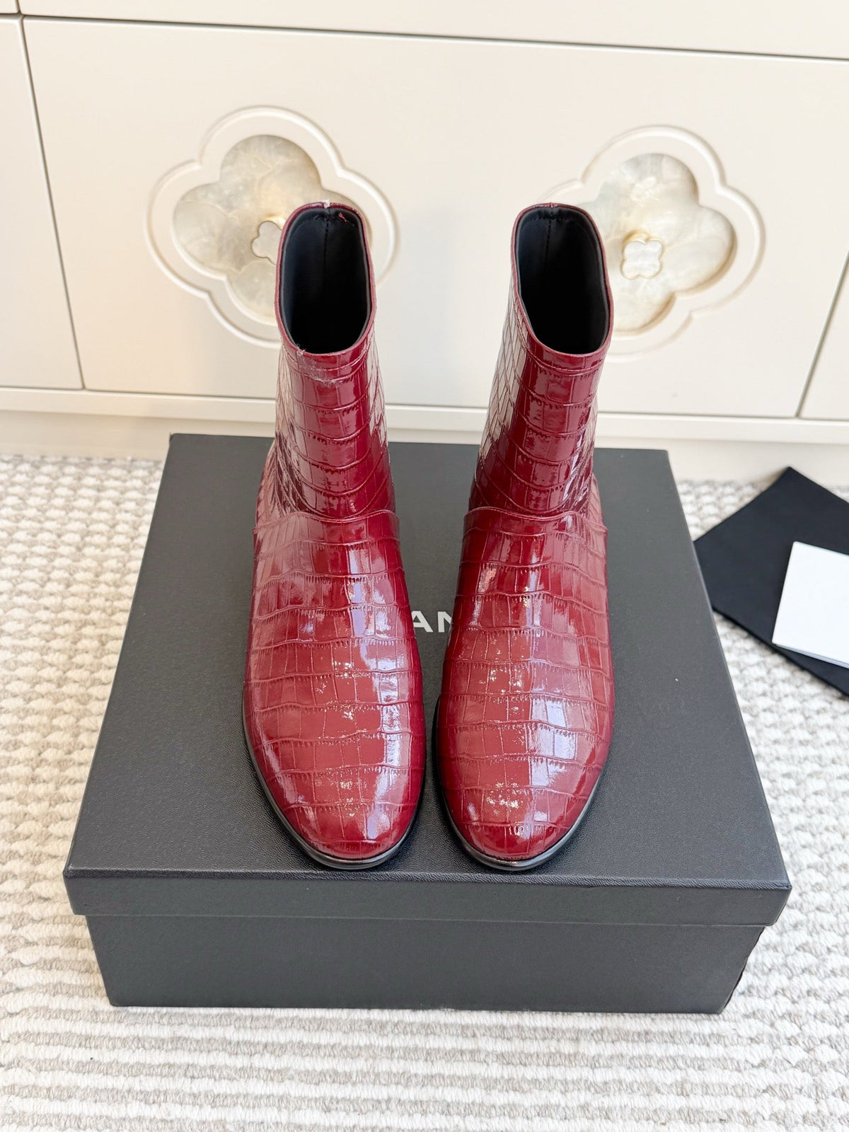 CC 26s Croc Embossed Ankle Boots Burgundy Patent 122040