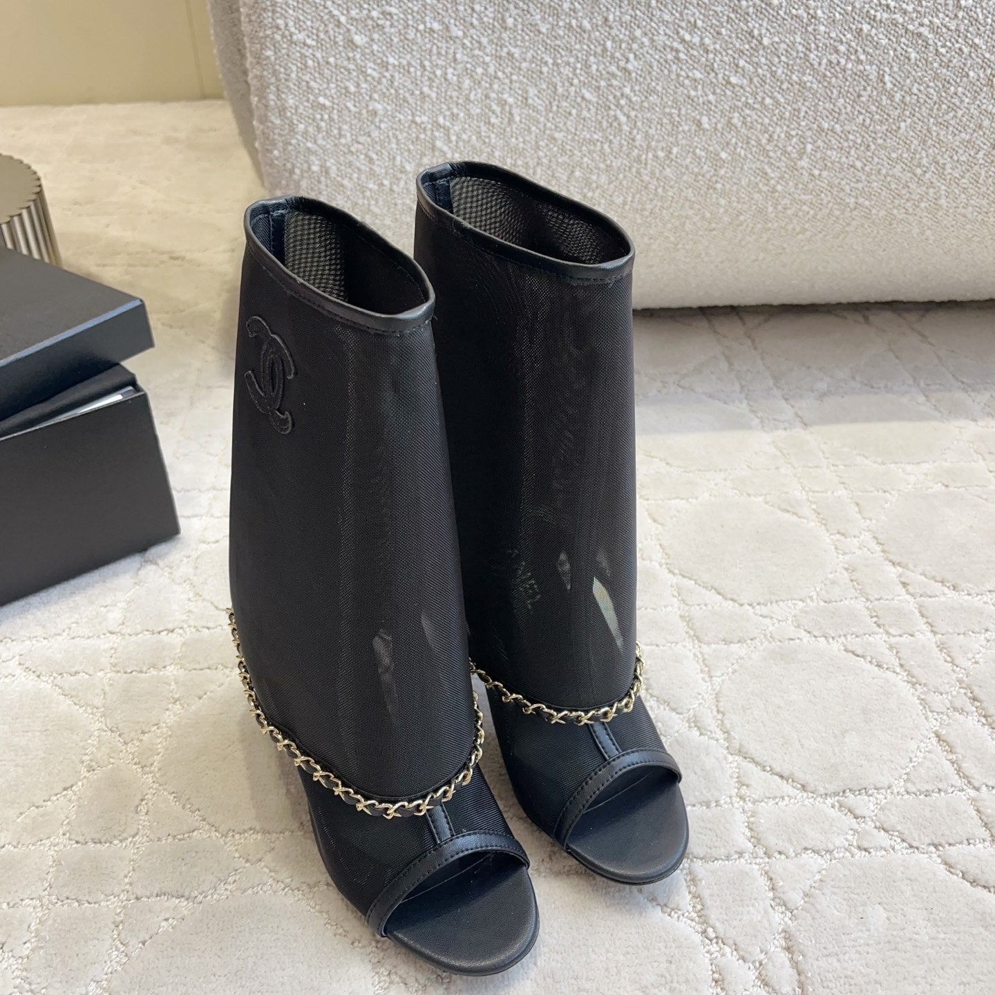 CC Anklet Stiletto Boots Black Mesh Lambskin 808103