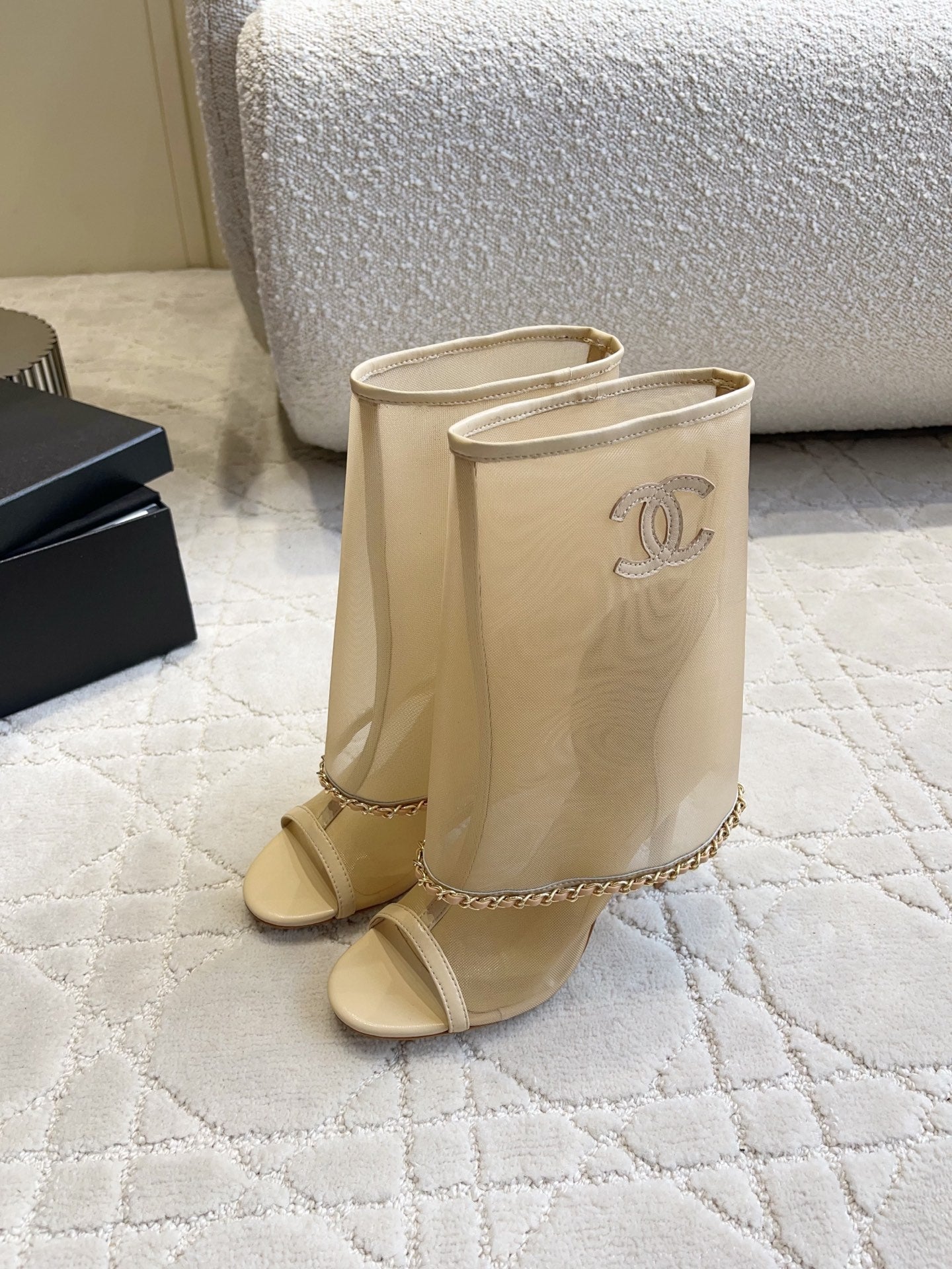 CC Anklet Stiletto Boots Beige Mesh Lambskin 808104