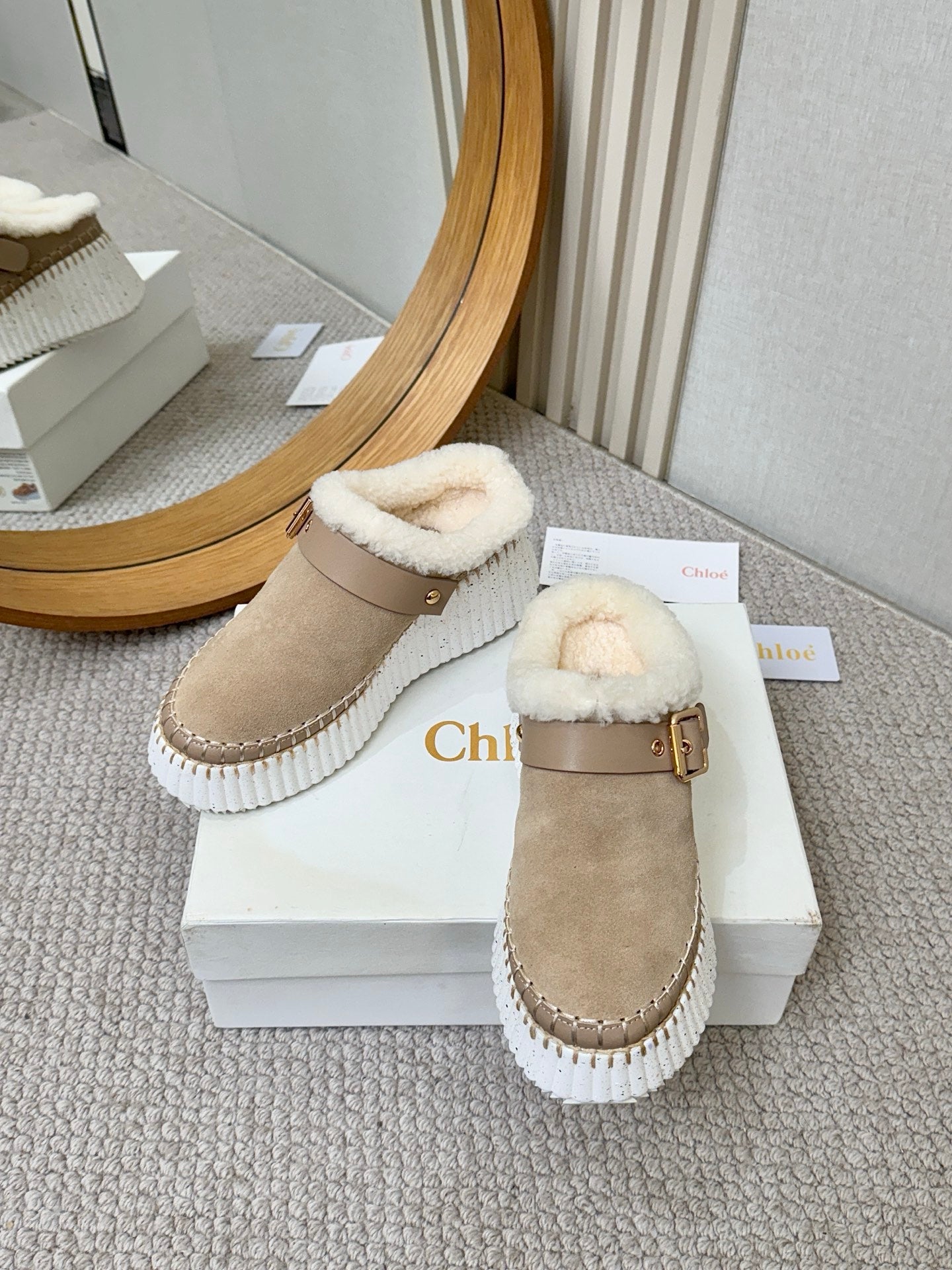 Chloe Nama Shearling-Lined Mule Beige Suede 528077
