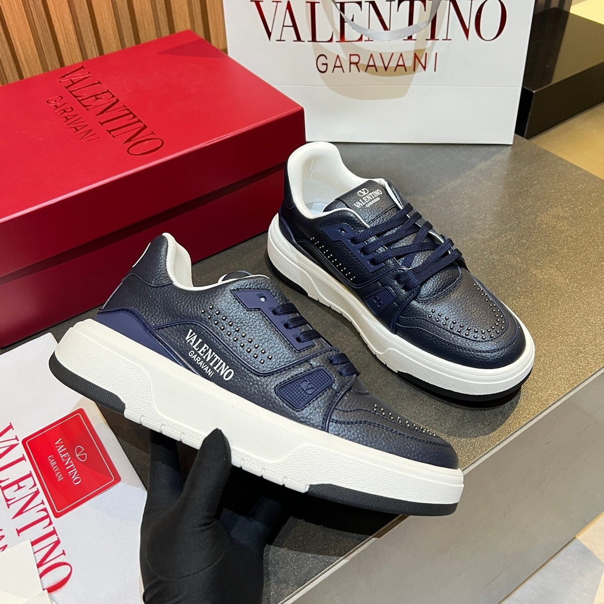 VT 26s Upvillage Trainers Navy Blue White Leather Studded 105517