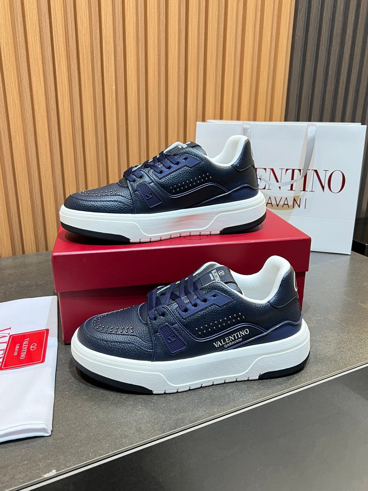 VT 26s Upvillage Trainers Navy Blue White Leather Studded 105517