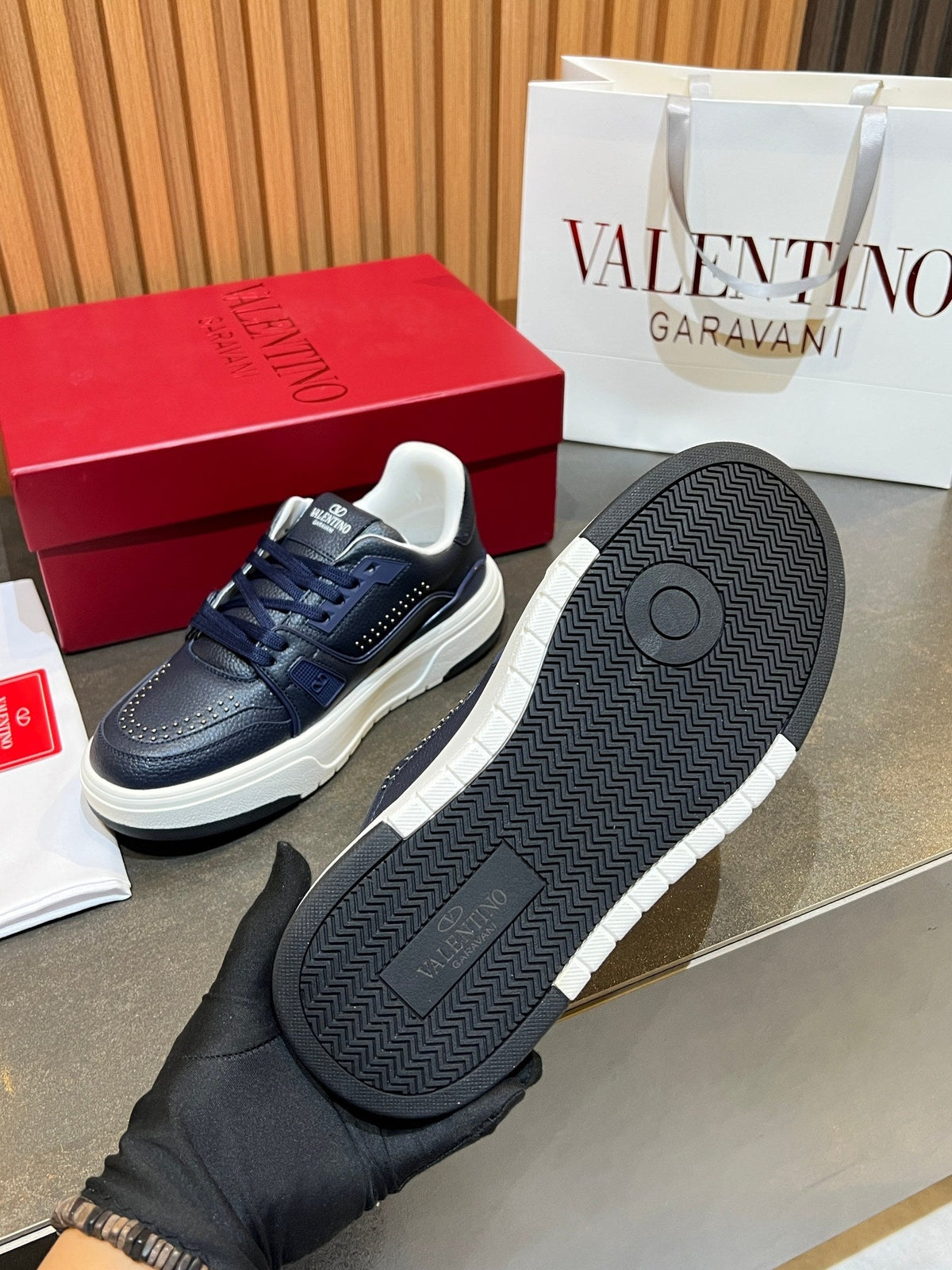 VT 26s Upvillage Trainers Navy Blue White Leather Studded 105517