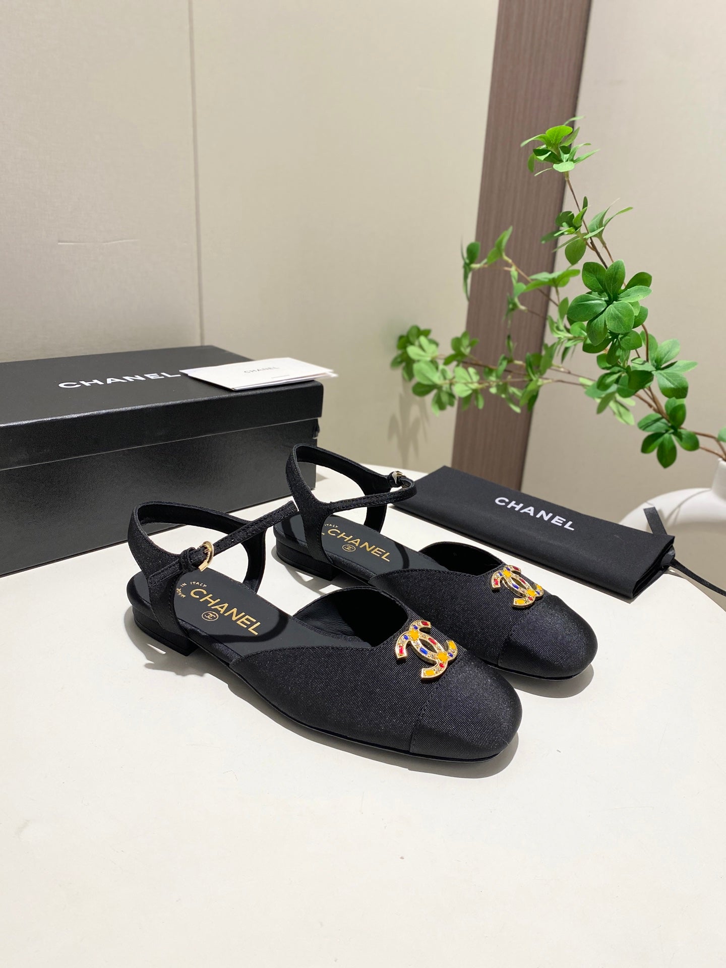 CC  25P Colorful Double Buckle Mary Jane Sandals Black Frabic 466988
