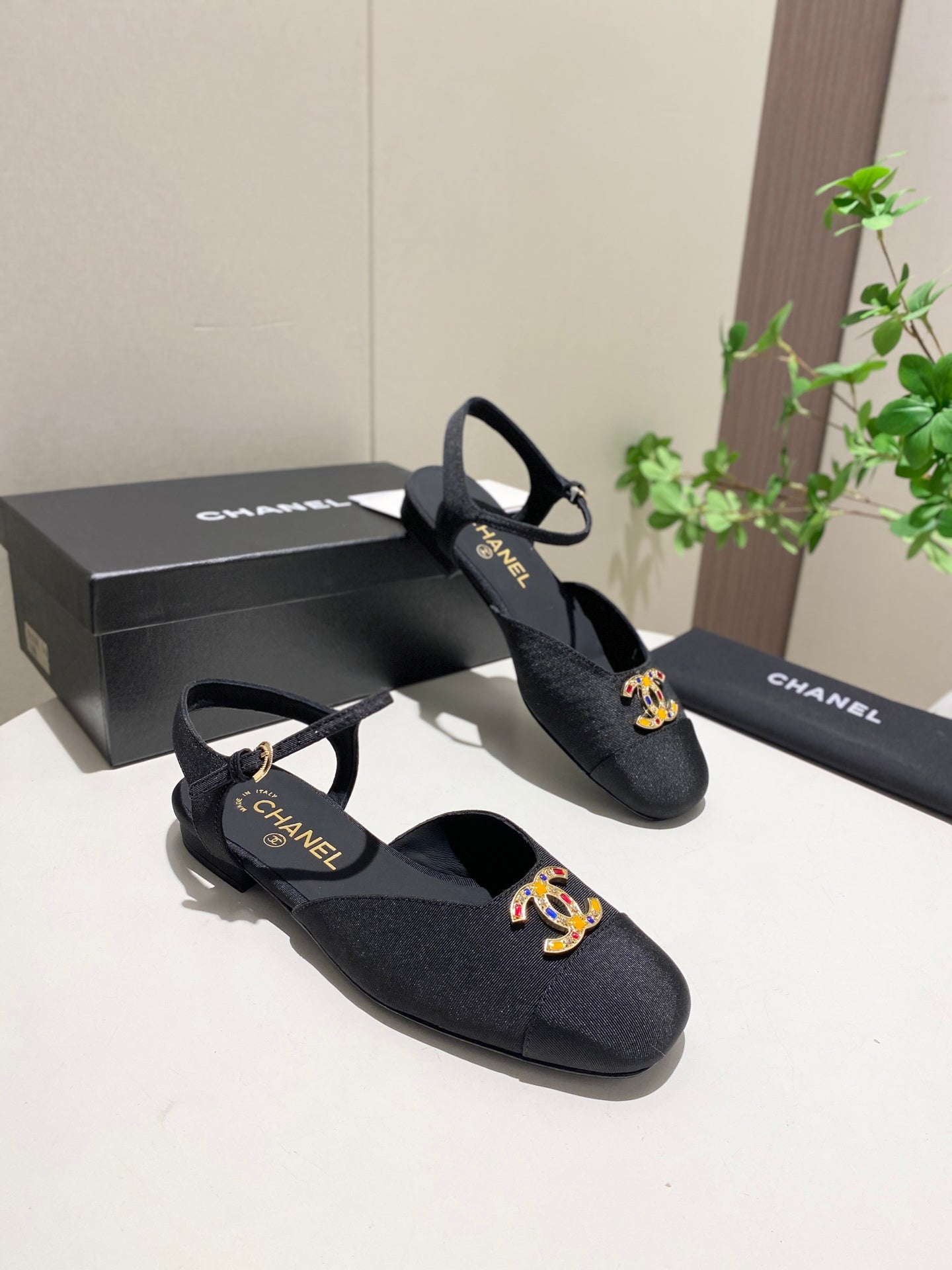 CC  25P Colorful Double Buckle Mary Jane Sandals Black Frabic 466988