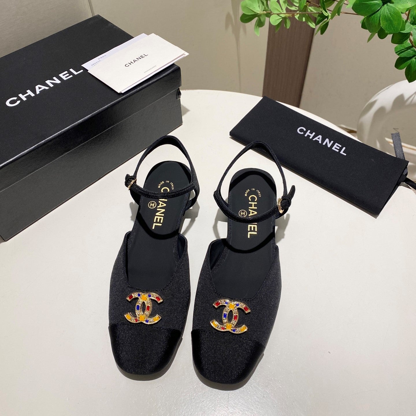 CC  25P Colorful Double Buckle Mary Jane Sandals Black Frabic 466988