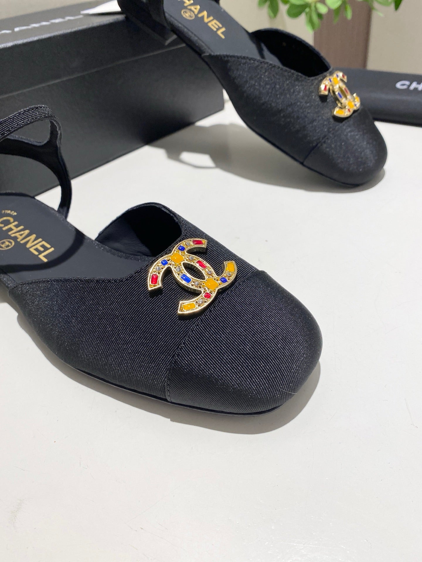 CC  25P Colorful Double Buckle Mary Jane Sandals Black Frabic 466988