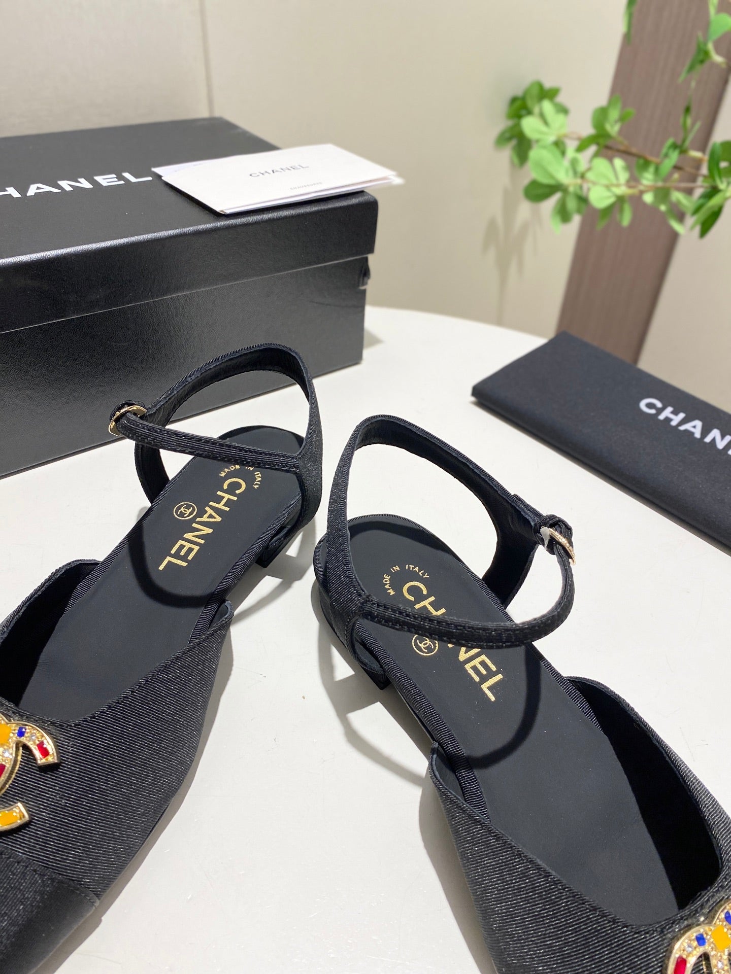 CC  25P Colorful Double Buckle Mary Jane Sandals Black Frabic 466988