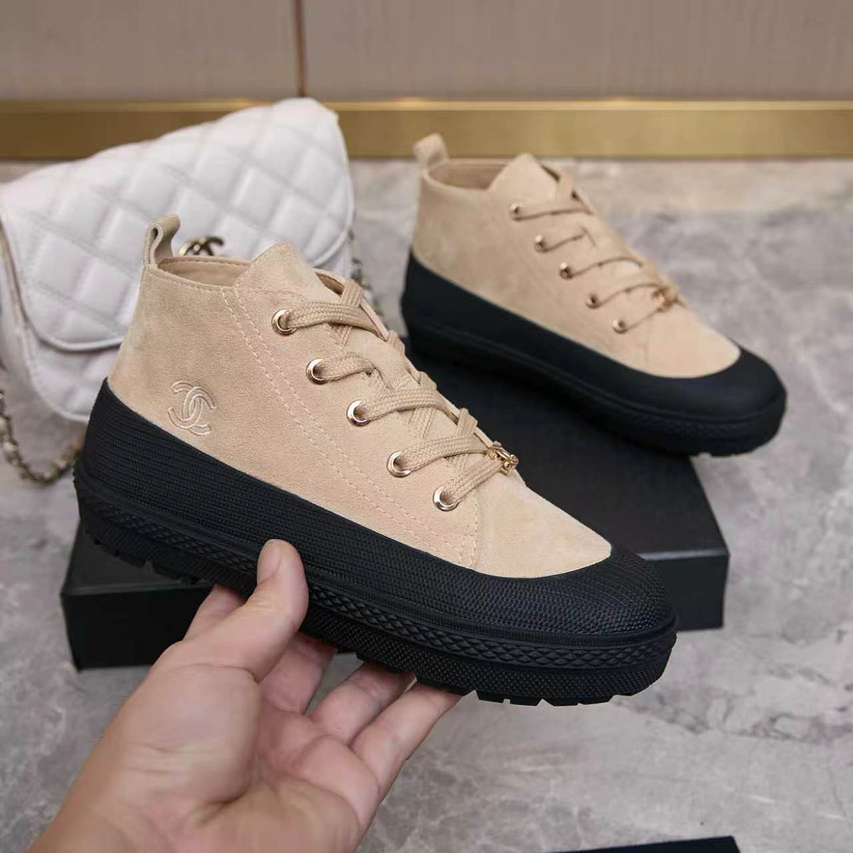 Chanel 26s Mid Sneakers Beige Suede 168232