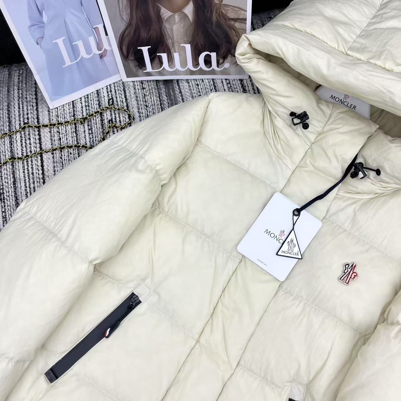 MC Hooded Doll-Style Long-Sleeved Down Jacket Beige