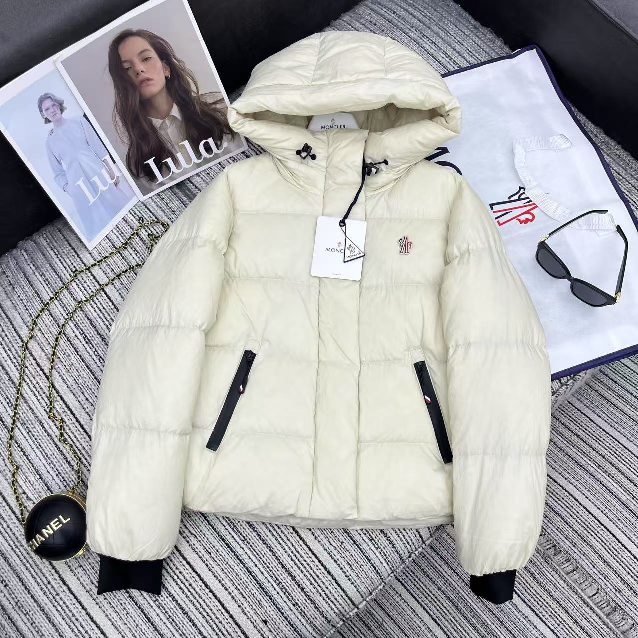 MC Hooded Doll-Style Long-Sleeved Down Jacket Beige