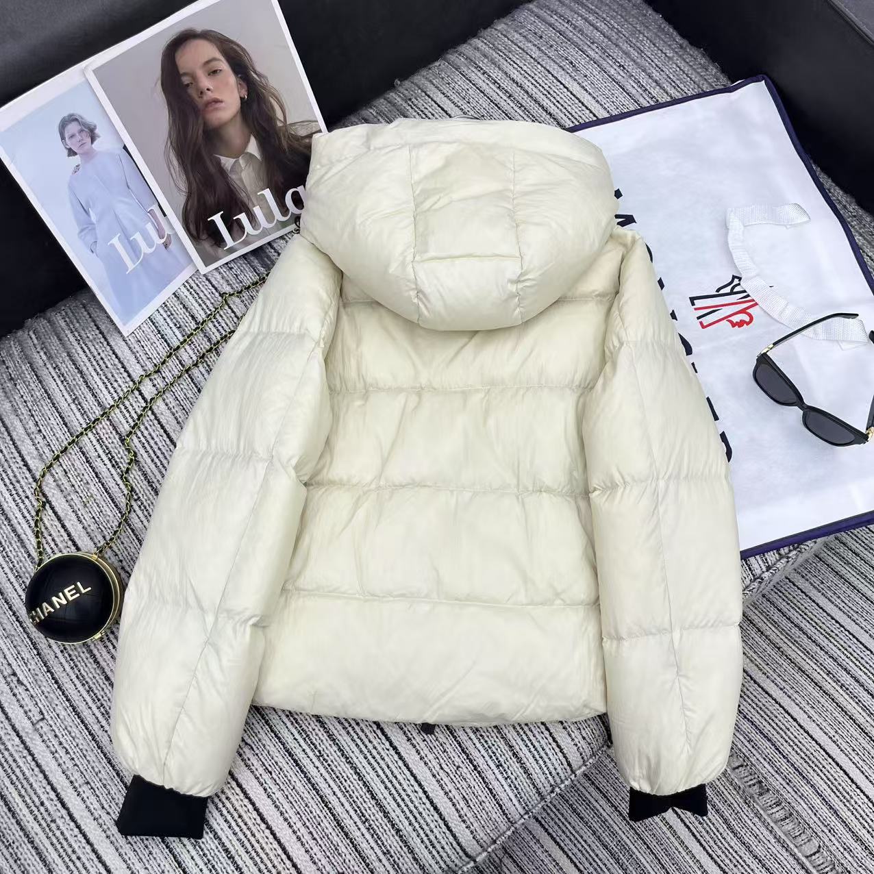MC Hooded Doll-Style Long-Sleeved Down Jacket Beige