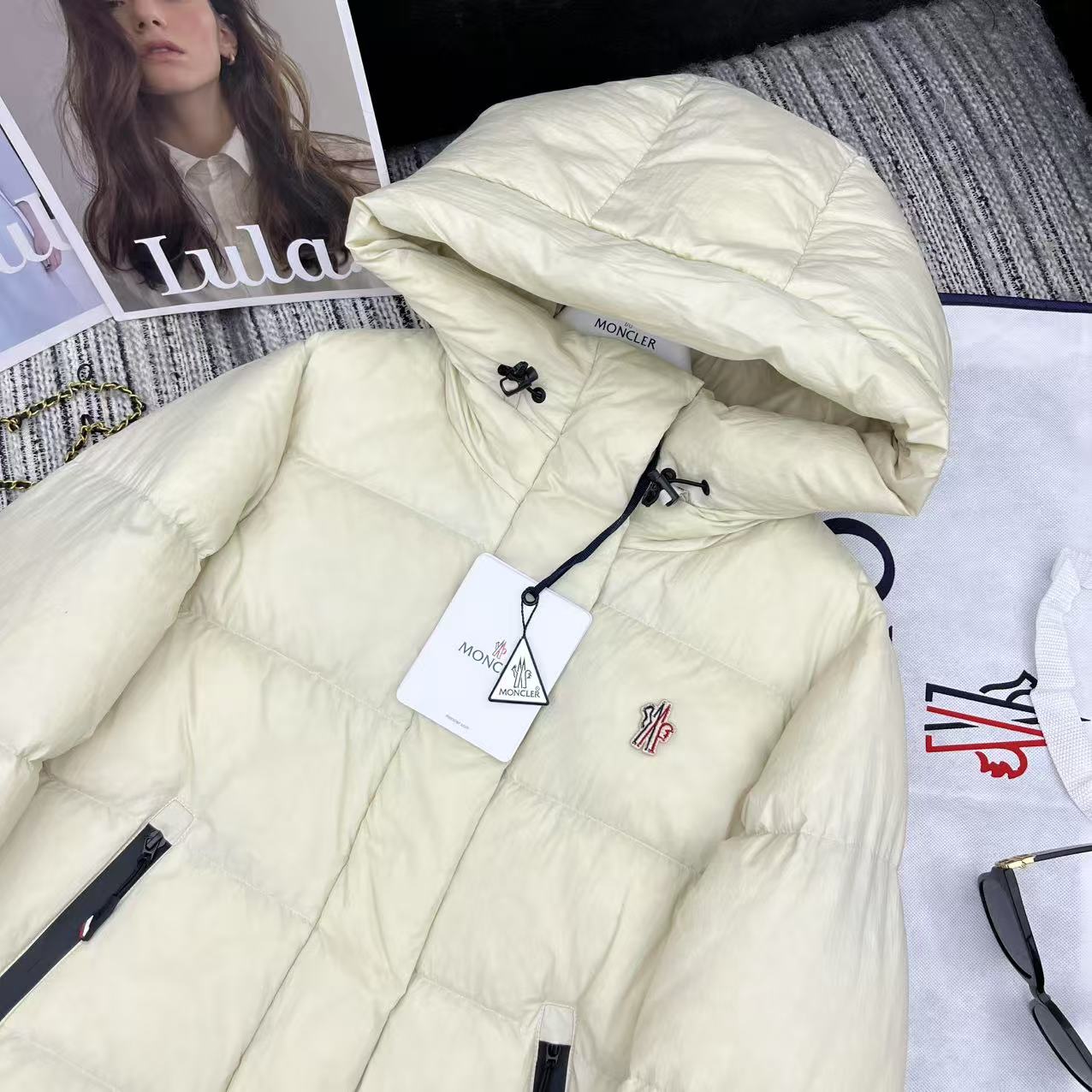 MC Hooded Doll-Style Long-Sleeved Down Jacket Beige