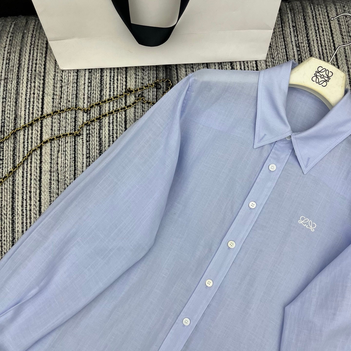 Loewe Embroidered Logo Collared Long-Sleeved Shirt Light Blue Cotton