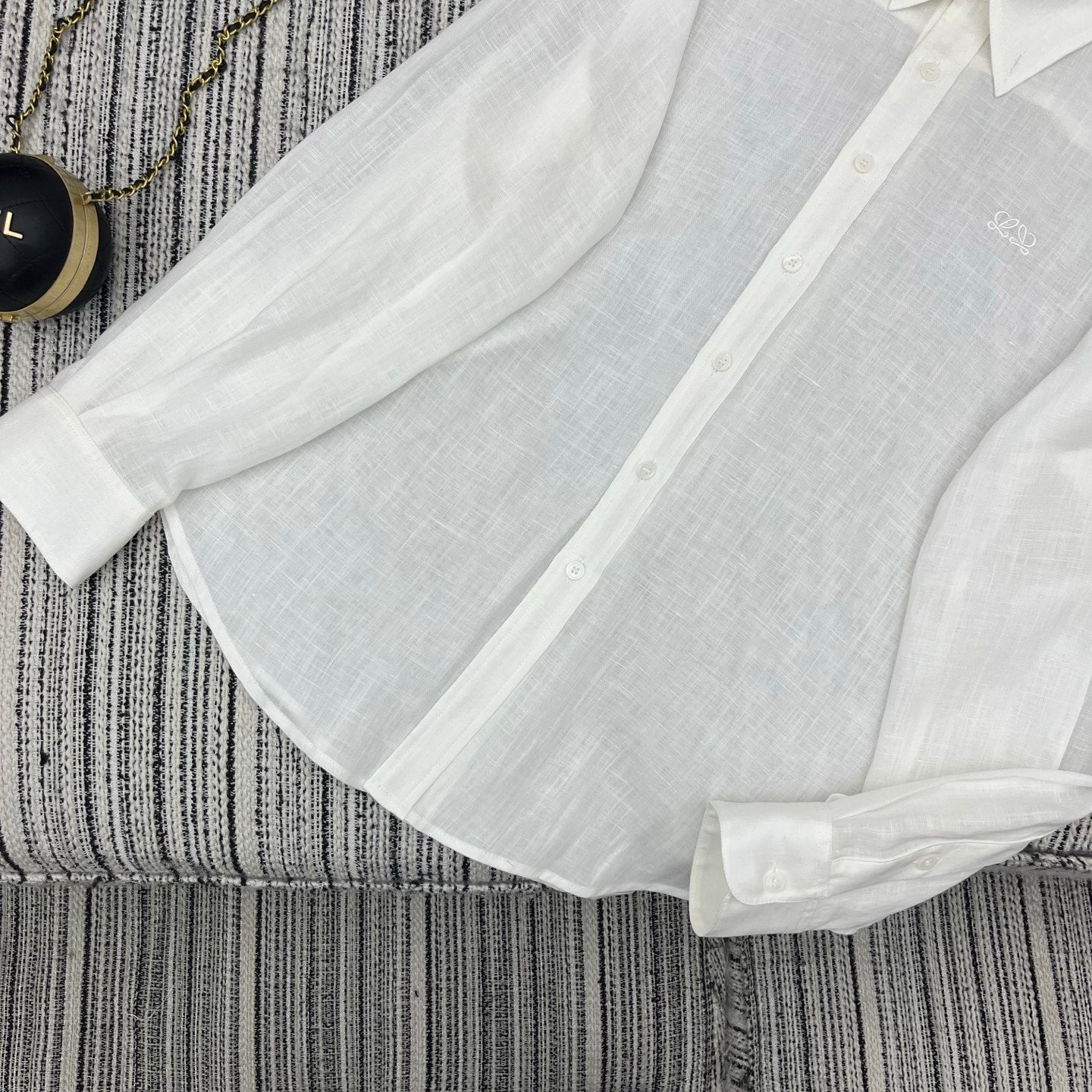 Loewe Embroidered Logo Collared Long-Sleeved Shirt White Cotton
