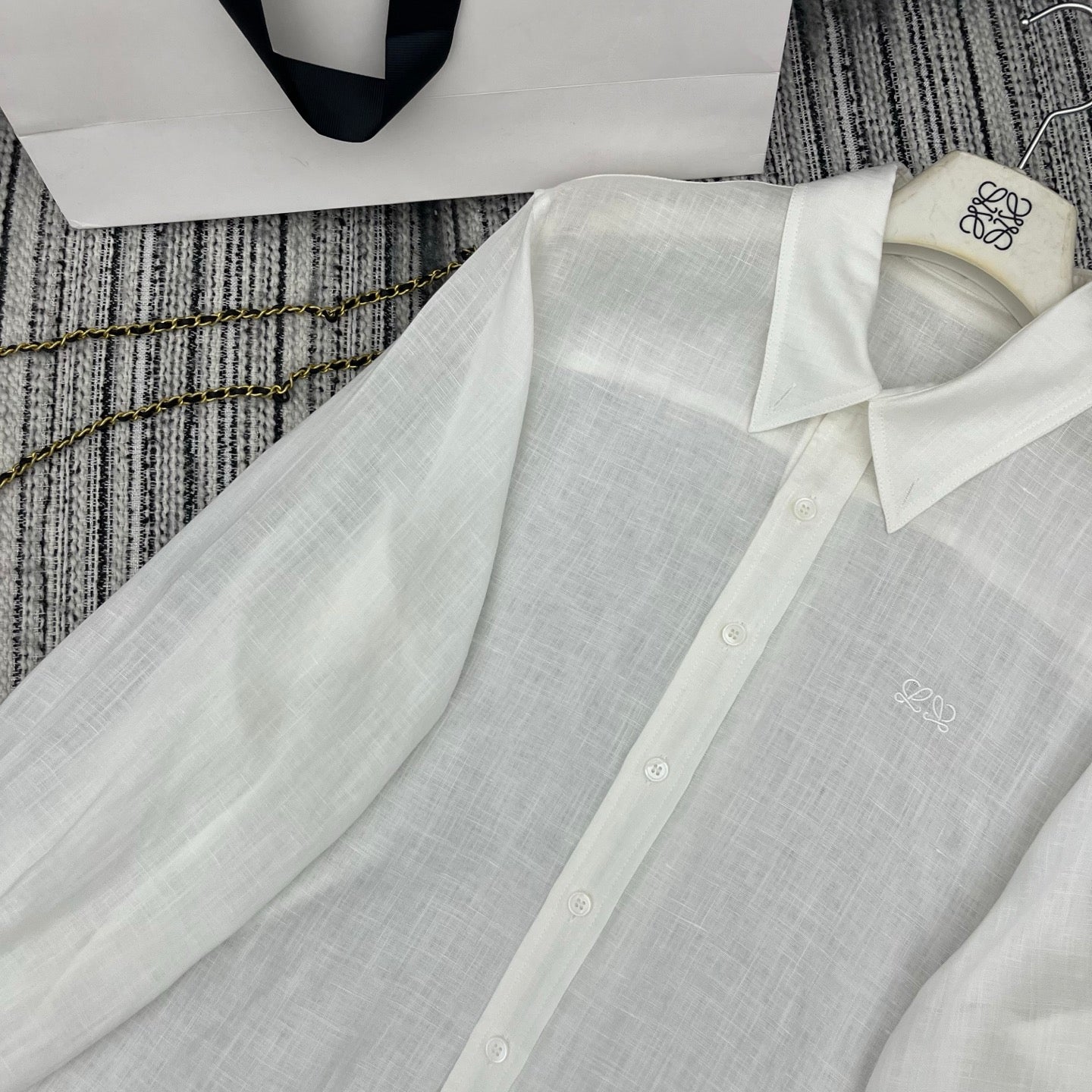 Loewe Embroidered Logo Collared Long-Sleeved Shirt White Cotton