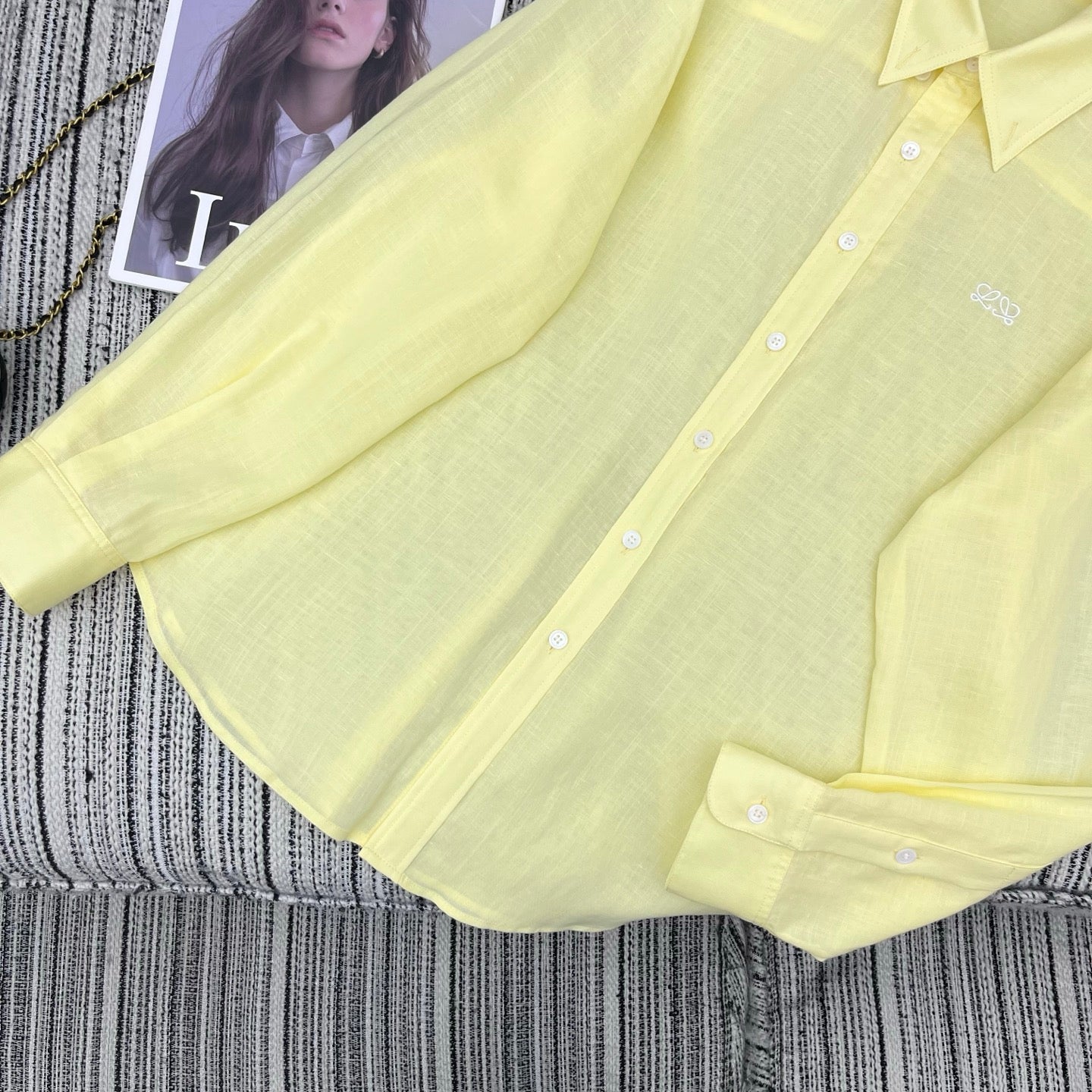 Loewe Embroidered Logo Collared Long-Sleeved Shirt Light Yellow Cotton