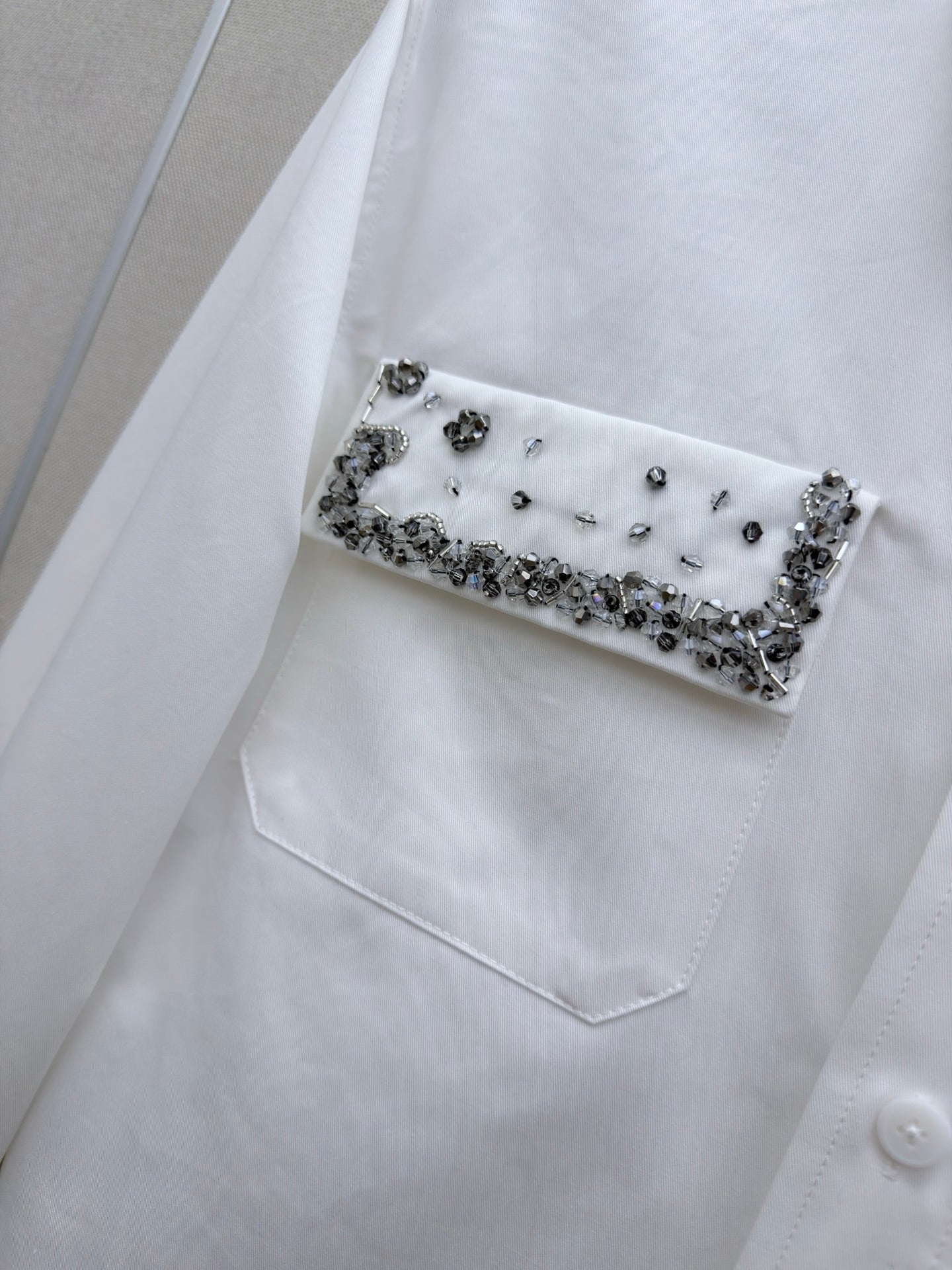 Miu Long-Sleeved Shirt With Heavy-Duty Rhinestone White Cotton