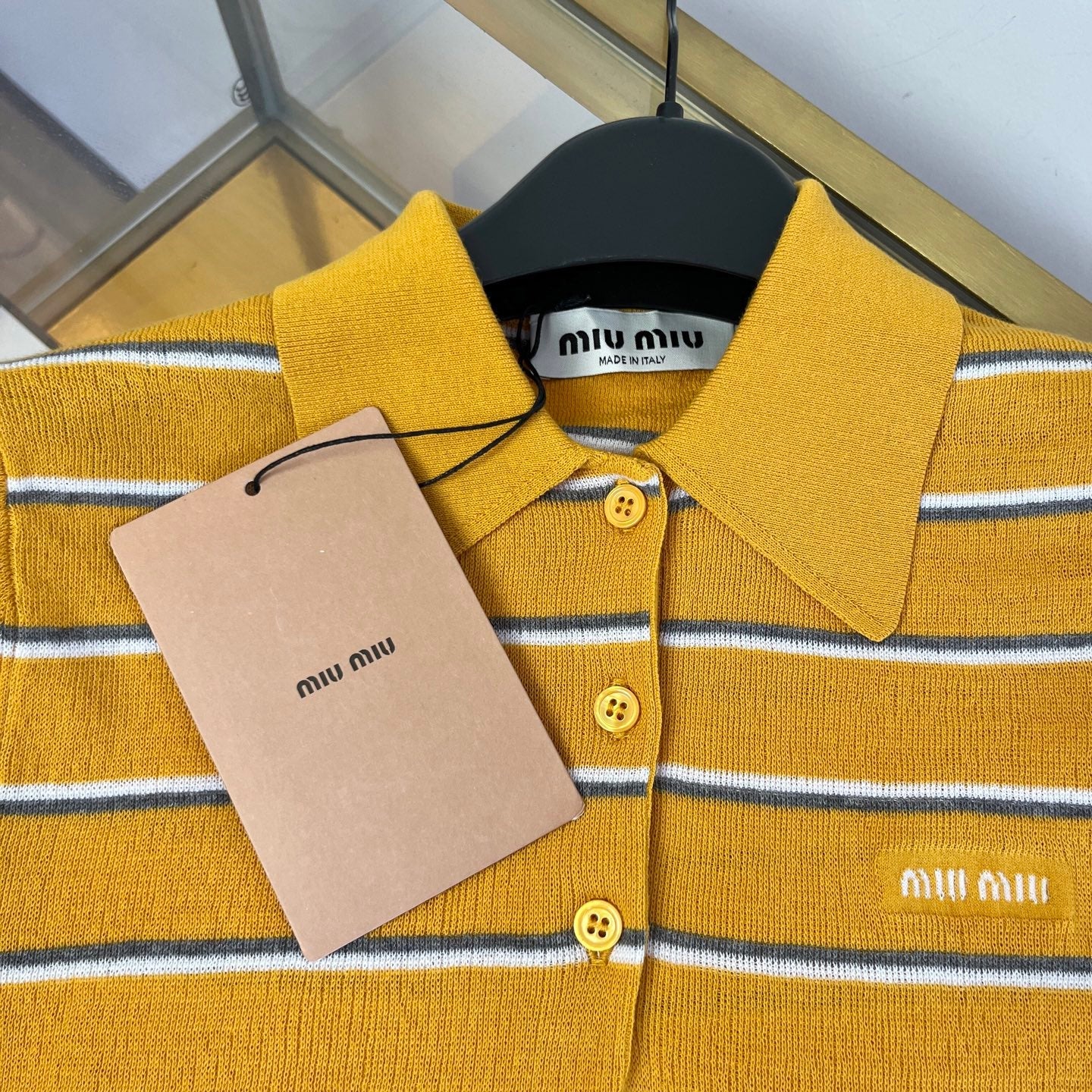 Miu 26s Knit Polo Shirt Yellow Cotton 423043