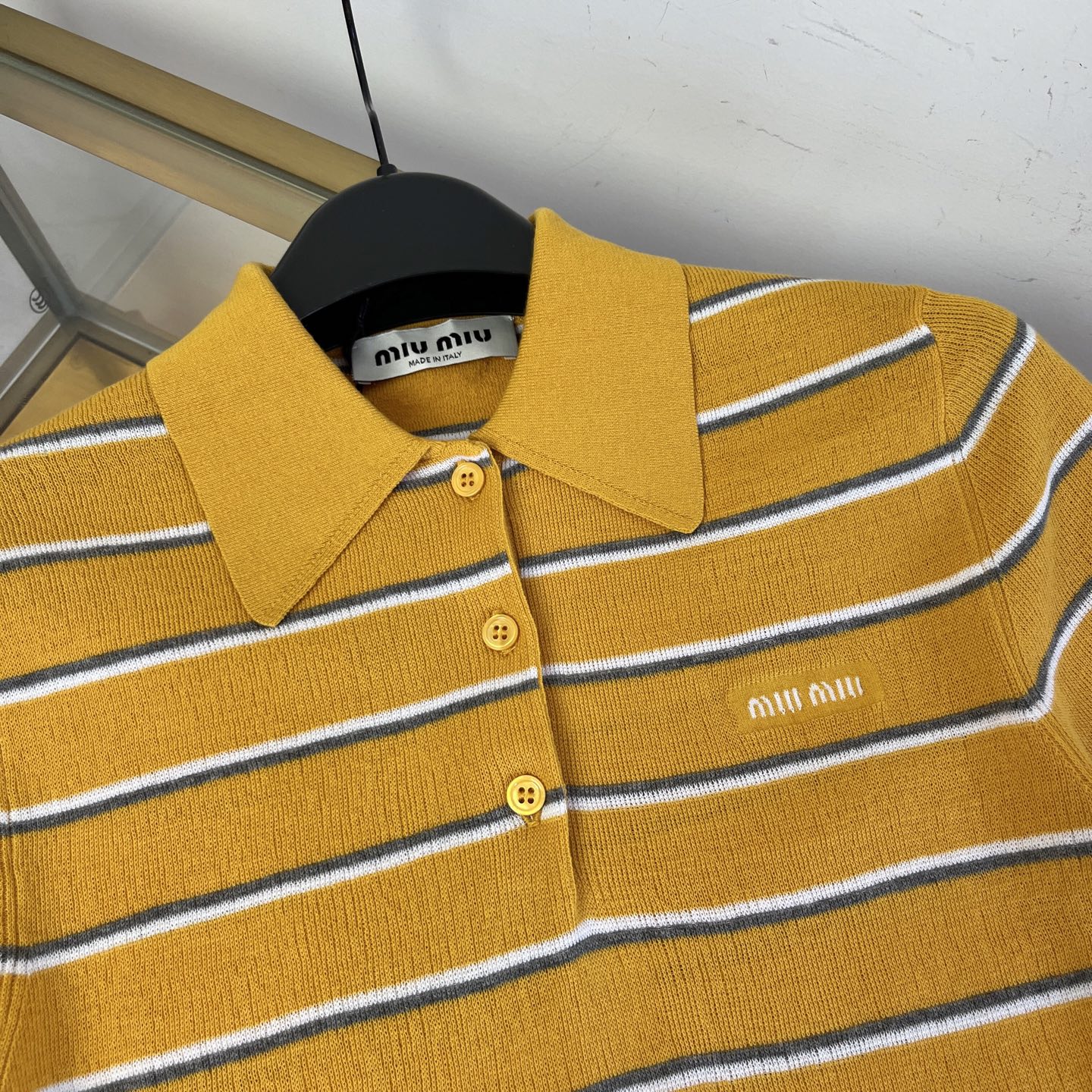 Miu 26s Knit Polo Shirt Yellow Cotton 423043