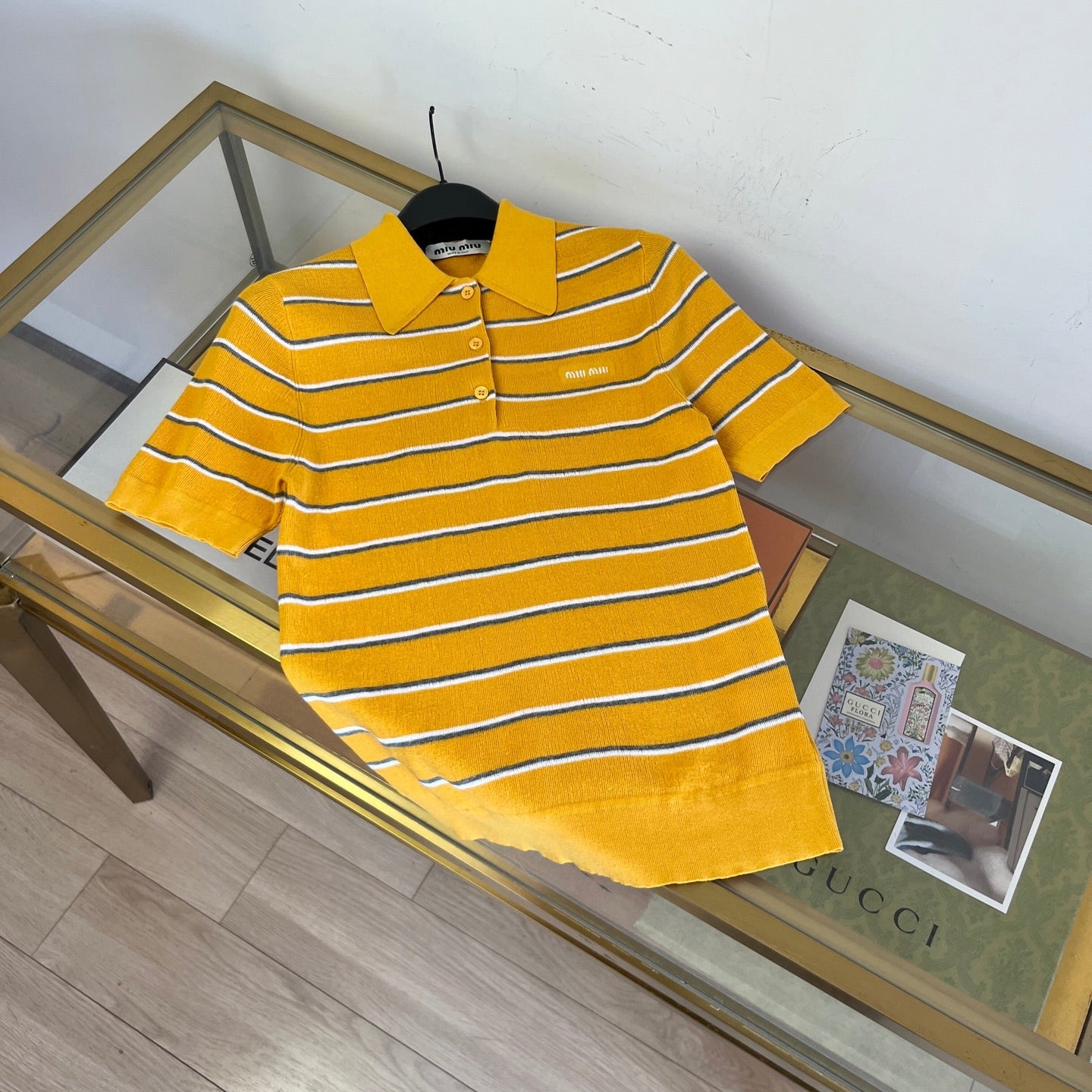 Miu 26s Knit Polo Shirt Yellow Cotton 423043