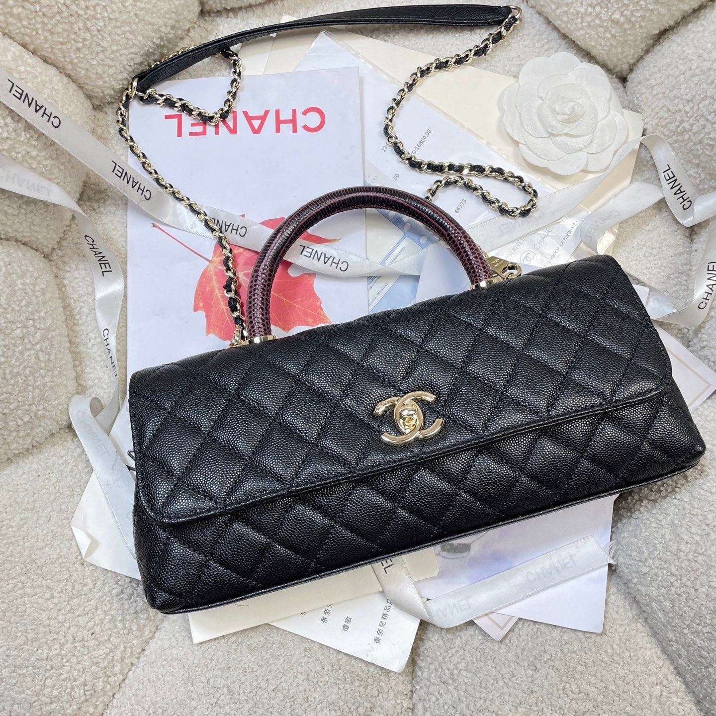 CC 26P Horizontal Coco Handle 32cm Black Quited Caviar Leather  Light Gold 286342