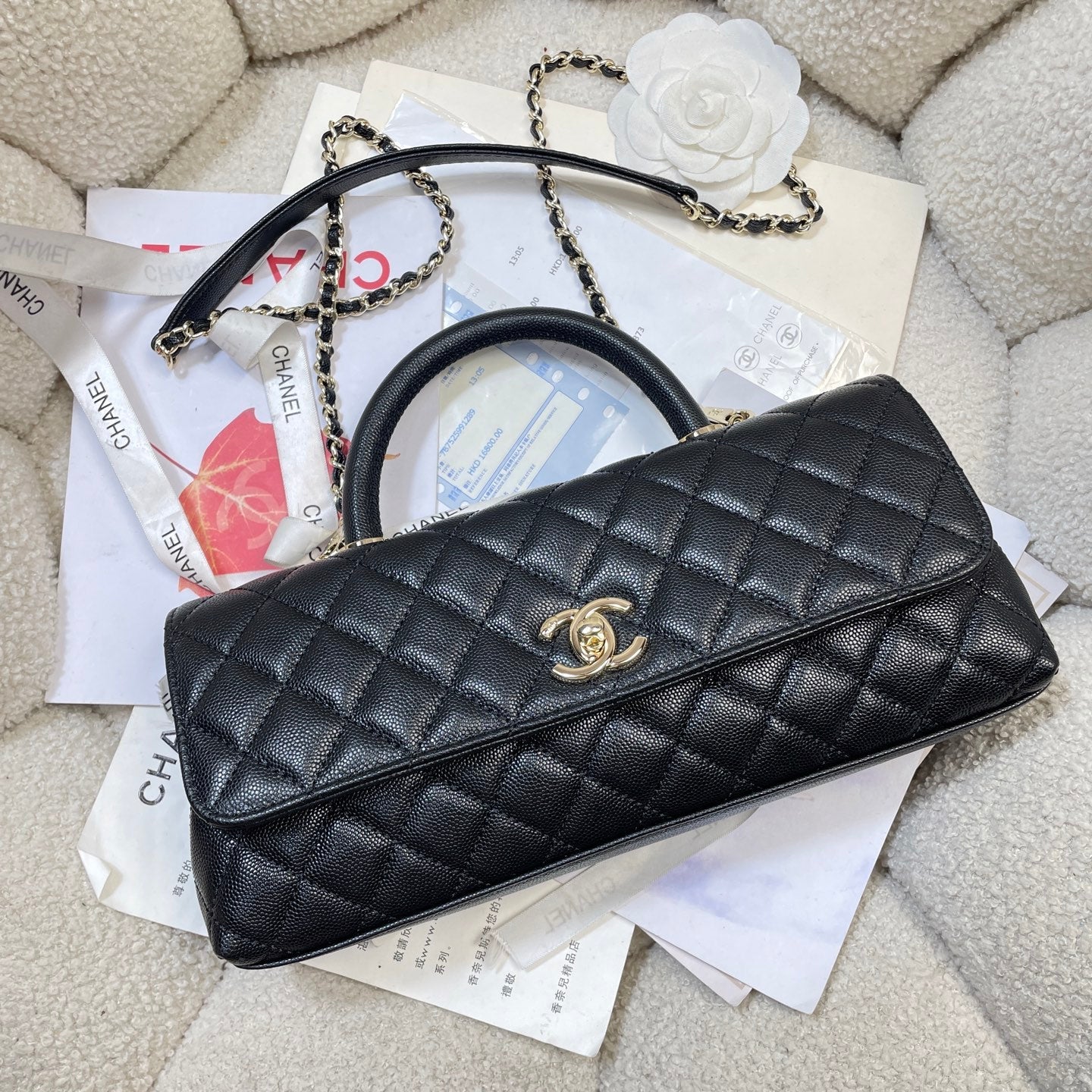 CC Maxi Flap Bag with Top Handle 31.5cm Black Quited Caviar Leather