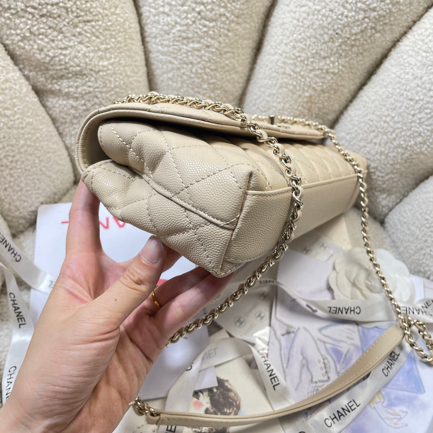 CC Maxi Flap Bag with Top Handle 31.5cm Light Beige Quited Caviar Leather